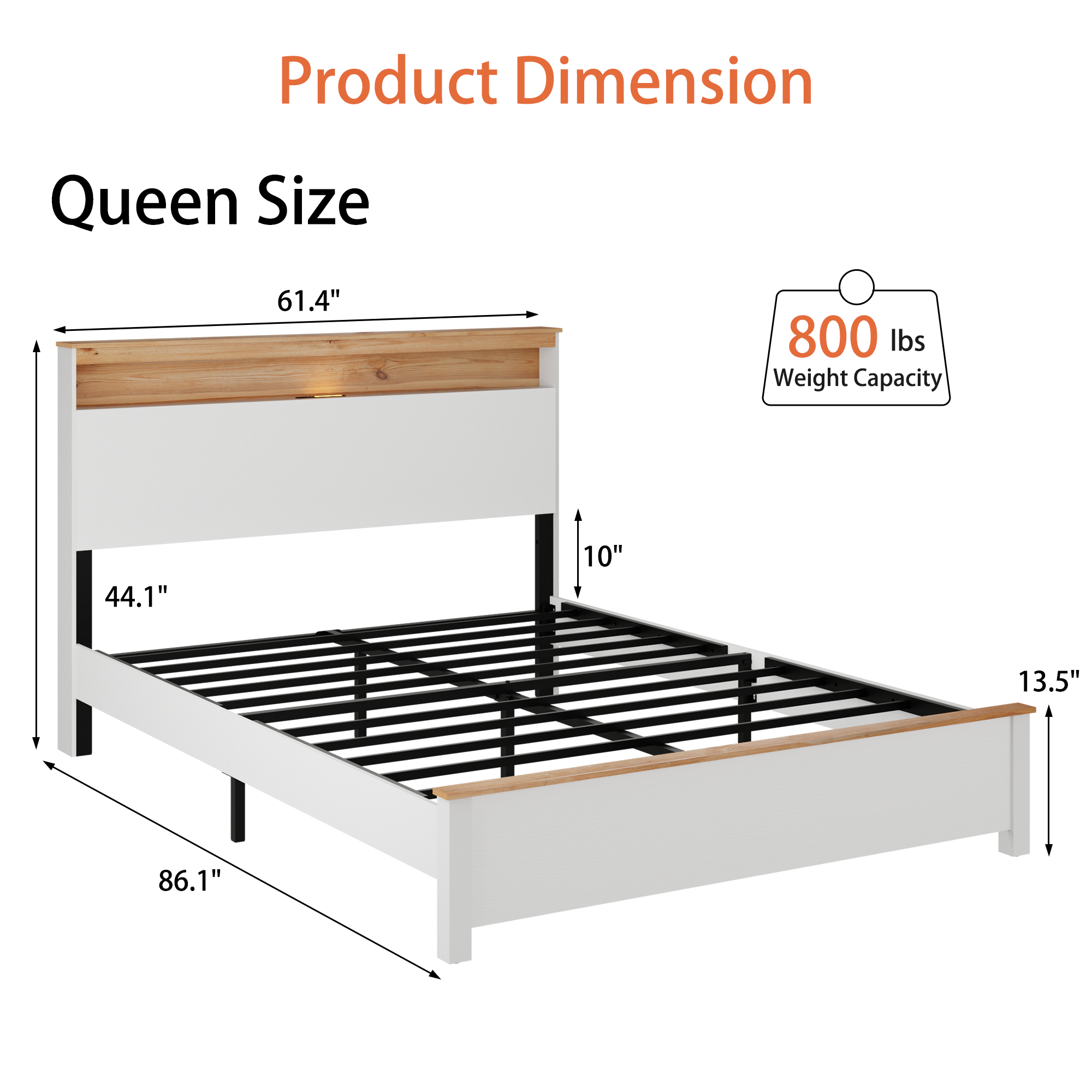 PAPROOS Queen Size Bed Frame, Wood Platform Bed Frame with Storage Headboard and Charging Station, Farmhouse Bed Frame with LED Light, Metal Slat Support, Holds 800 lb, No Box Spring Needed, White