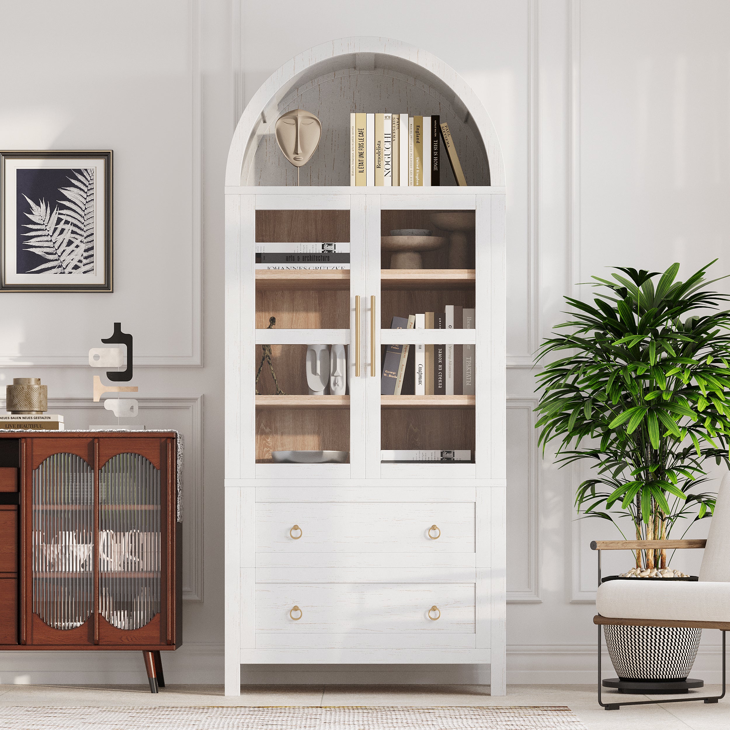 PAPROOS 71” H Arched Kitchen Pantry Cabinet, Wood Tall Pantry Storage Cabinet with 2 Large Drawers, 2 Glass Doors, Modern Farmhouse Hutch Cupboard with Adjustable Shelves for Living Room, White