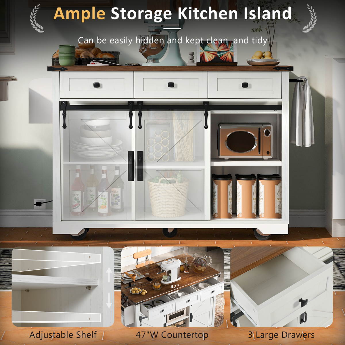 Kitchen Island with Storage, PAPROOS 54" Rolling Kitchen Cart with Drop Leaf, Farmhouse Kitchen Island Cart with Sliding Door, Charging Station, Adjustable Shelf for Kitchen Dining Room