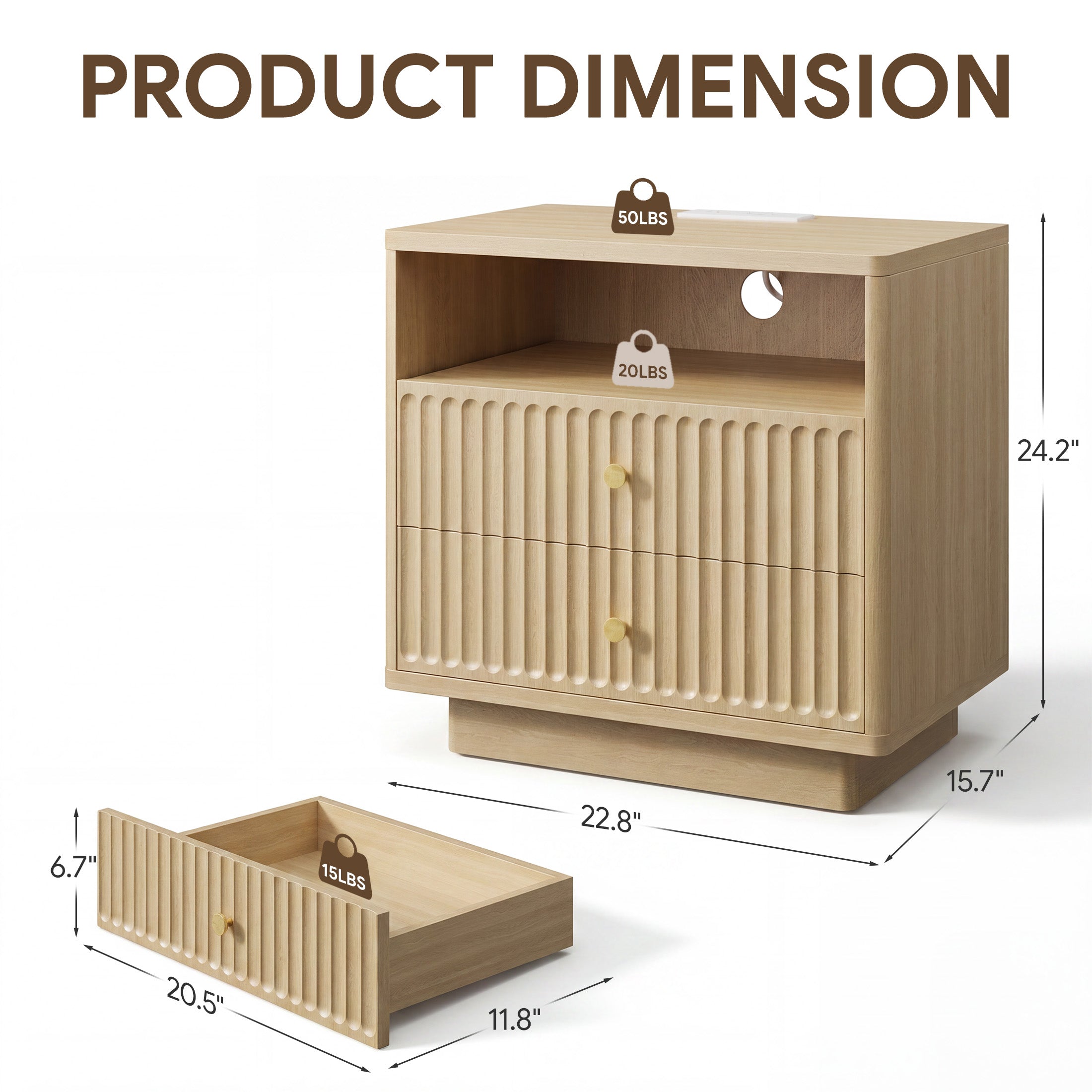 Fluted Nightstand with Charging Station