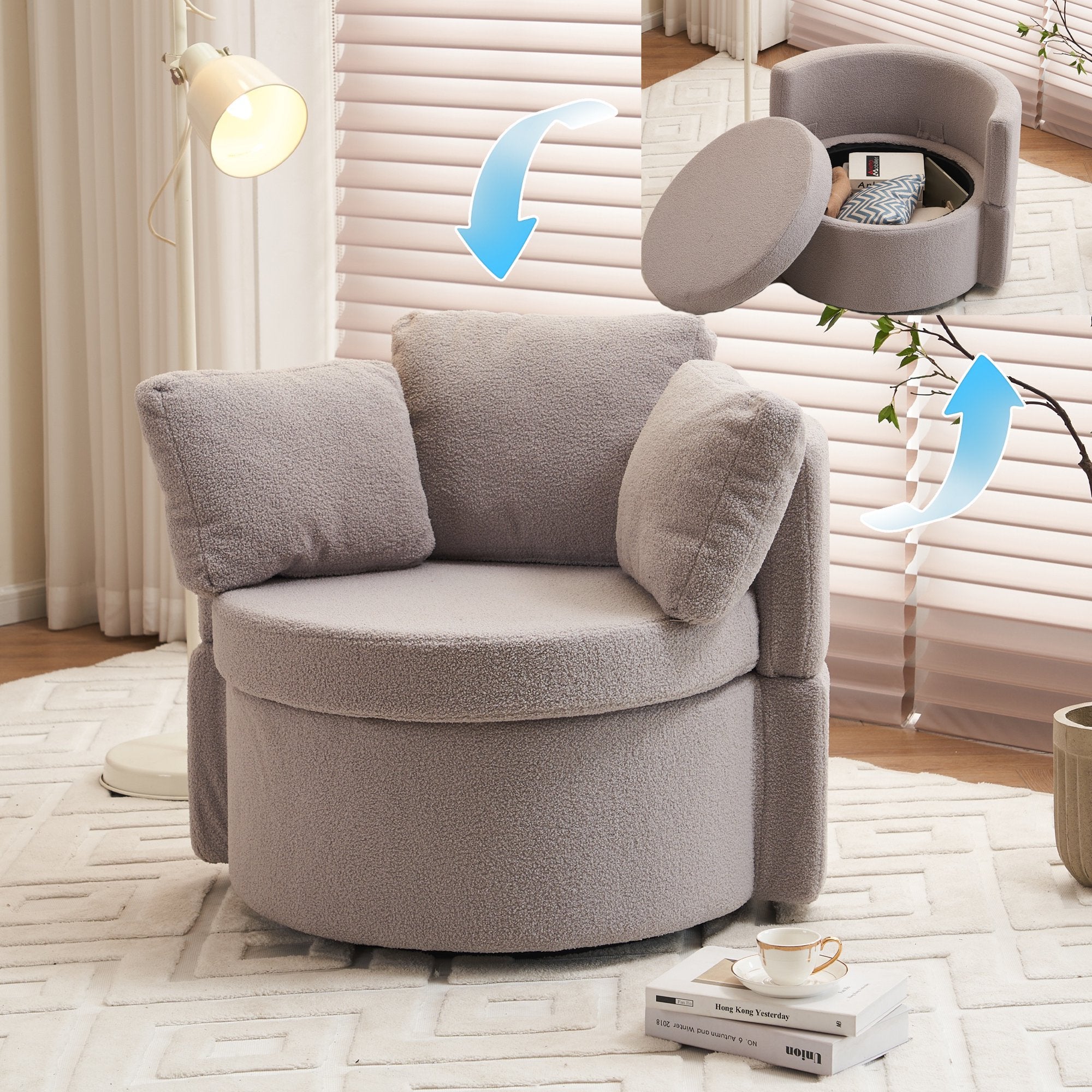 PAPROOS Swivel Barrel Accent Chair, 360° Swivel Chairs with Storage and Removable Throw Pillow, Single Sofa Armchair Comfy Round Sofa Chair for Living Room Bedroom