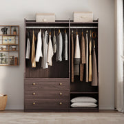 PAPROOS Open Wooden Wardrobe with 2 Hanging Rods, Bedroom Armoire Cabinet with 3 Drawers for Adult Bedroom, Brown