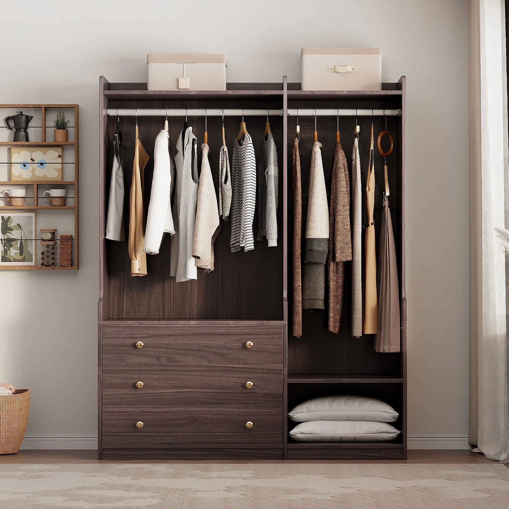 PAPROOS Open Wooden Wardrobe with 2 Hanging Rods, Bedroom Armoire Cabinet with 3 Drawers for Adult Bedroom, Brown