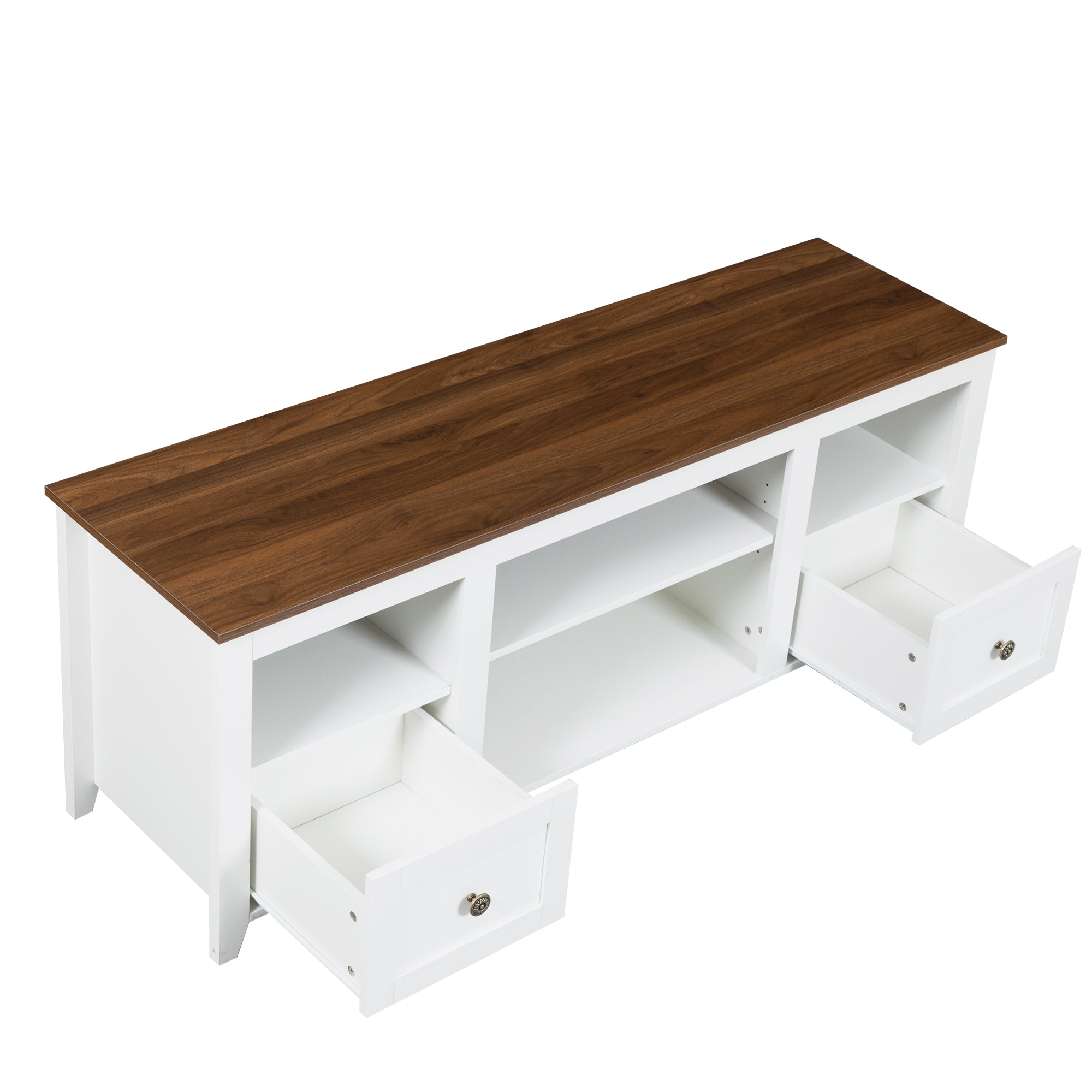 Farmhouse TV Stand for 65 inch TV, LED Entertainment Center Allows for 23in Electric Fireplace, TV Media Console Entertainment Center with Lights, 2 Drawers and Open Shelves, White