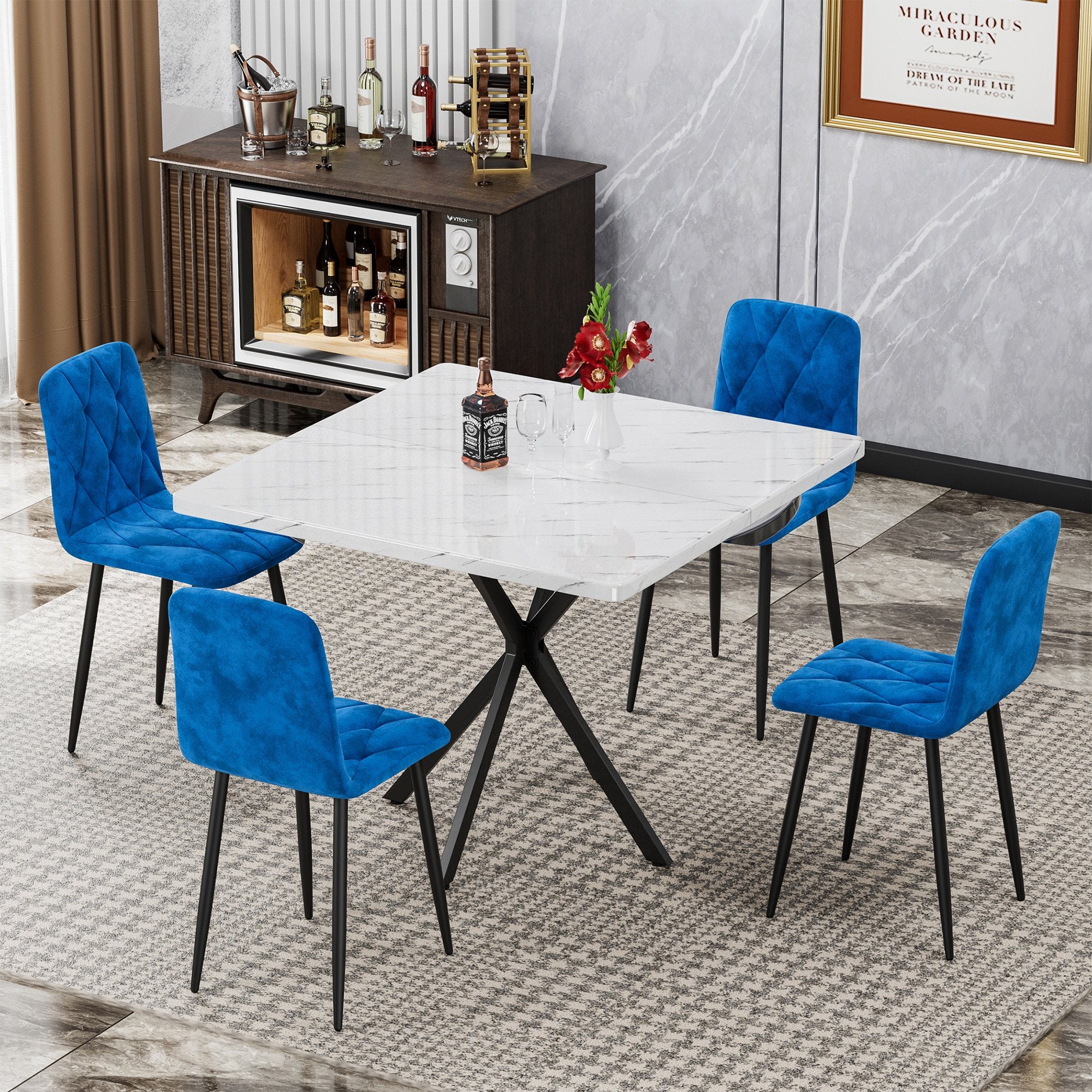PAPROOS Dining Table Set for 4, 5-Piece Kitchen Table Set with Faux Marble Tabletop and 4 Velvet Upholstered Chairs, Square Kitchen Table and Chairs, Small Dining Set for Dining Room