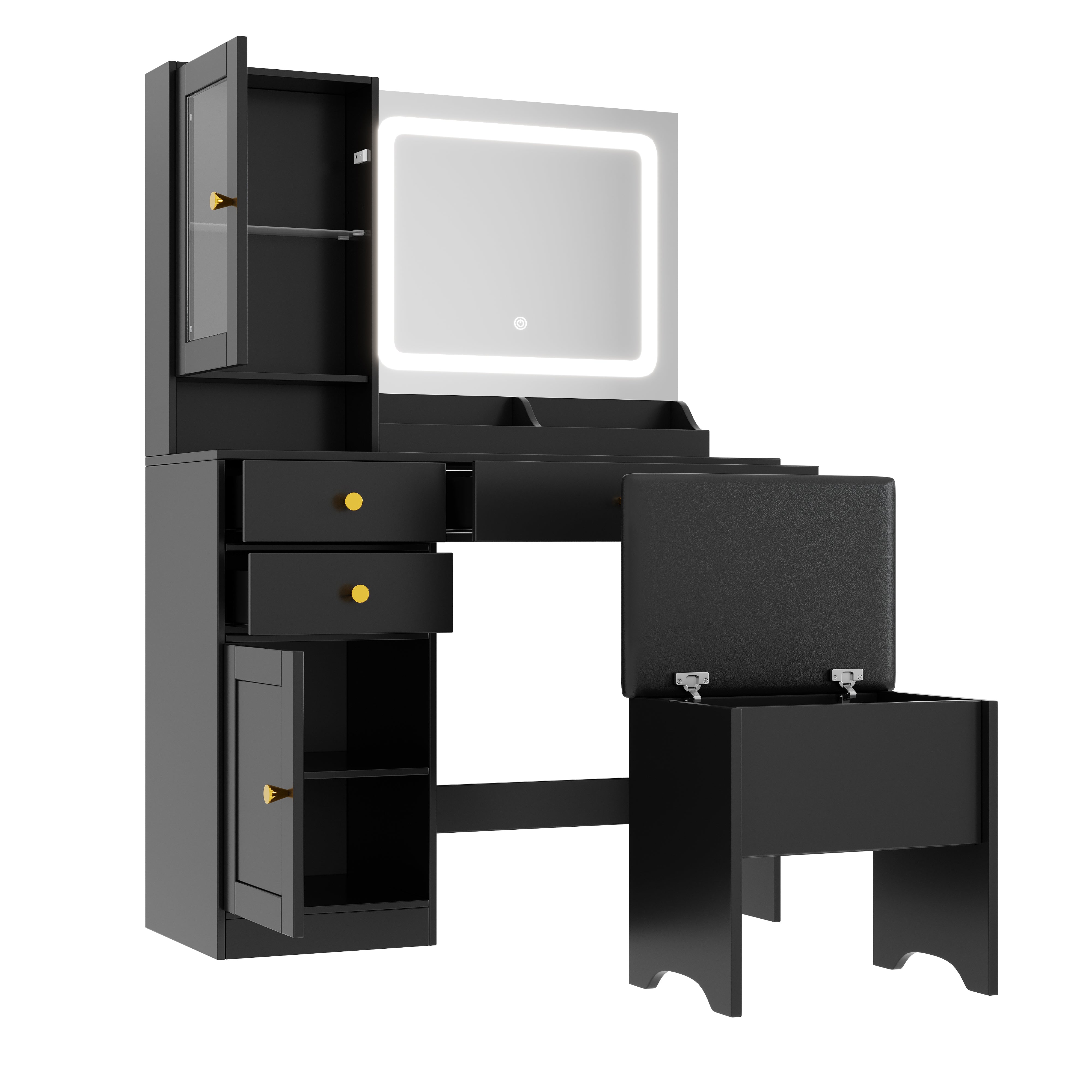 PAPROOS Vanity Set with 3 Color Lighted Mirror, Modern Makeup Vanity Table with Charging Station and Hair Dryer Rack, Bedroom Dressing Table with 3 Drawers, Cabinet, Cushioned Stool for Girls, Black