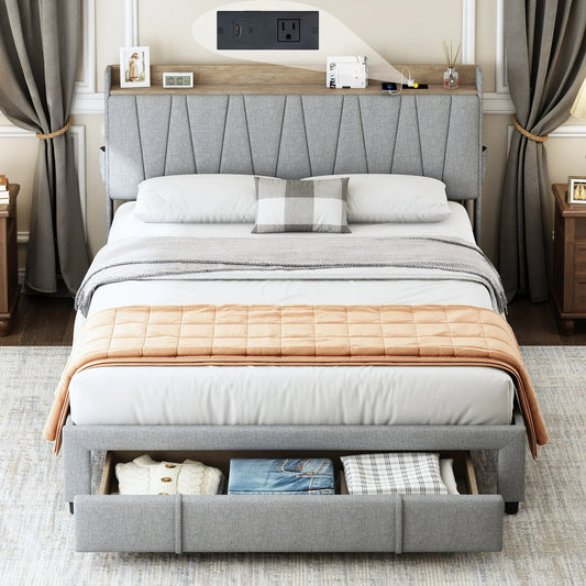 PORKISS Queen Size Bed Frame with USB Ports, Drawers and Storage Headboard, Upholstered Bed Frame with Plug Outlets, Gray