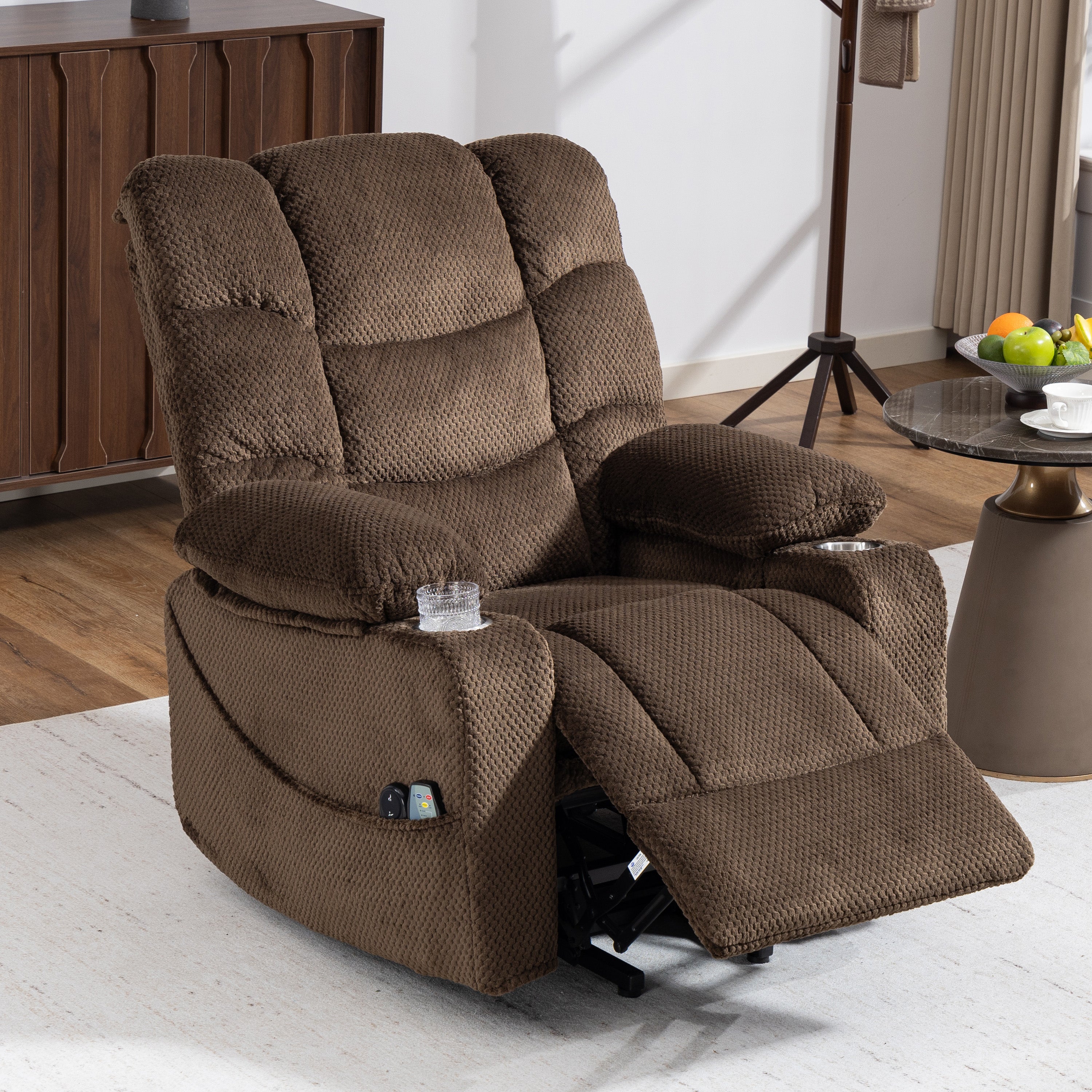 Power Lift Recliner Chair, Paproos Power Lift Recliner with Massage and Heat for Elderly, Reclining Sofa with Cup Holders & Side Pockets for Living Room, Velvet Fabric, Brown