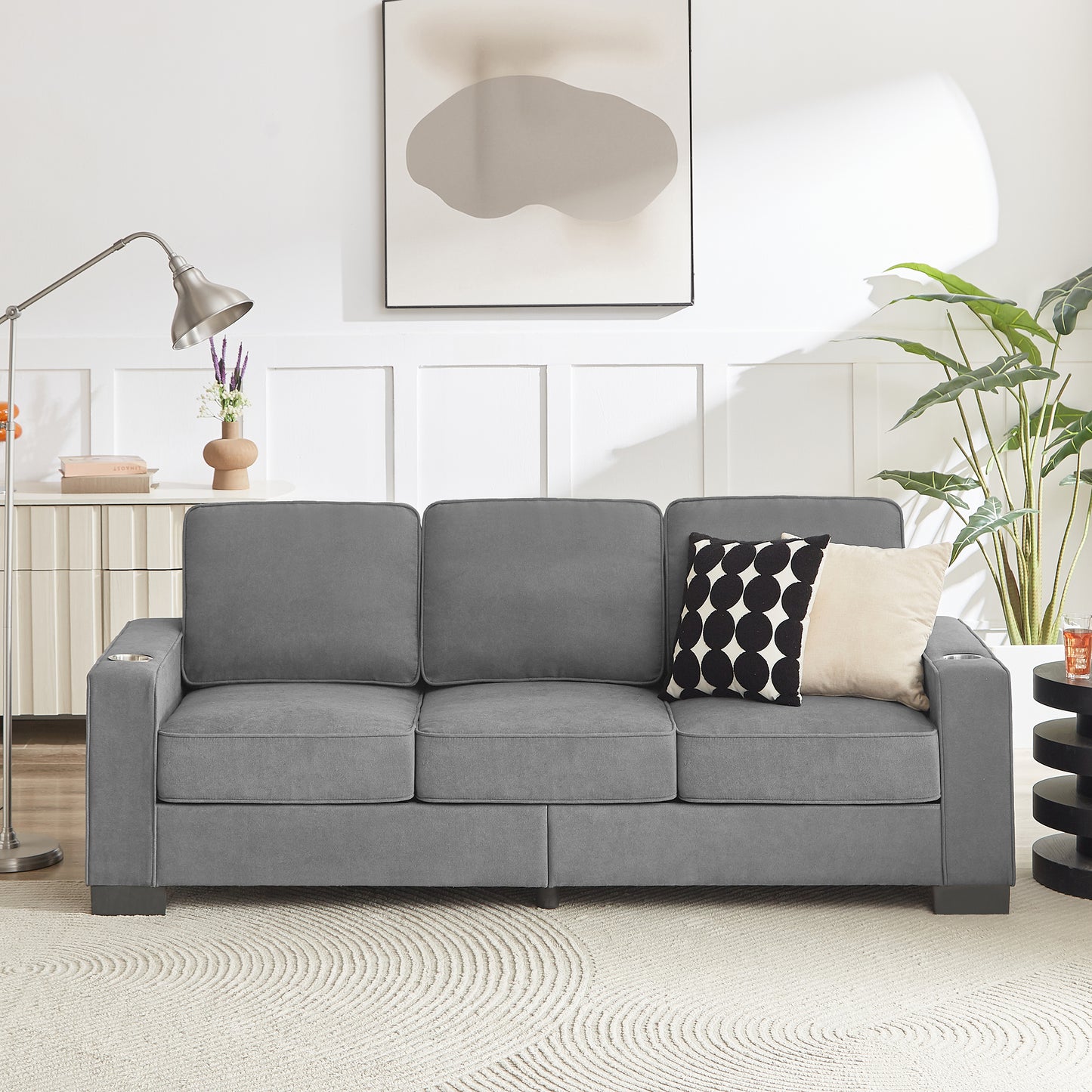 PAPROOS 3-seater Sofa for Living Room, Modern Corduroy Compressed Couch with Cup Holders, Apartments Sofa with Removable Back Cushion, Easy Assembly, Home Sofa Living Room， Gray