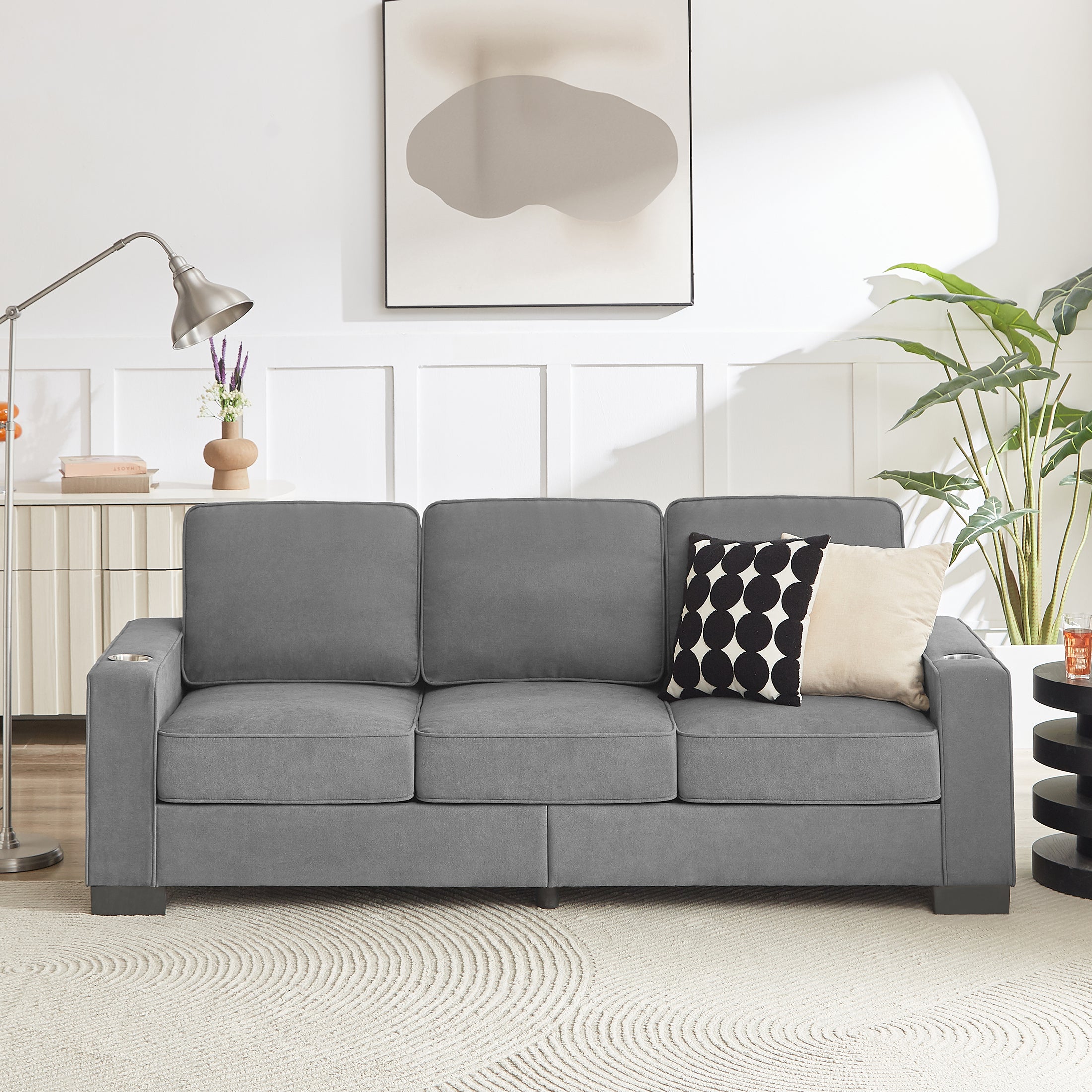 PAPROOS 3-seater Sofa for Living Room, Modern Corduroy Compressed Couch with Cup Holders, Apartments Sofa with Removable Back Cushion, Easy Assembly, Home Sofa Living Room， Gray