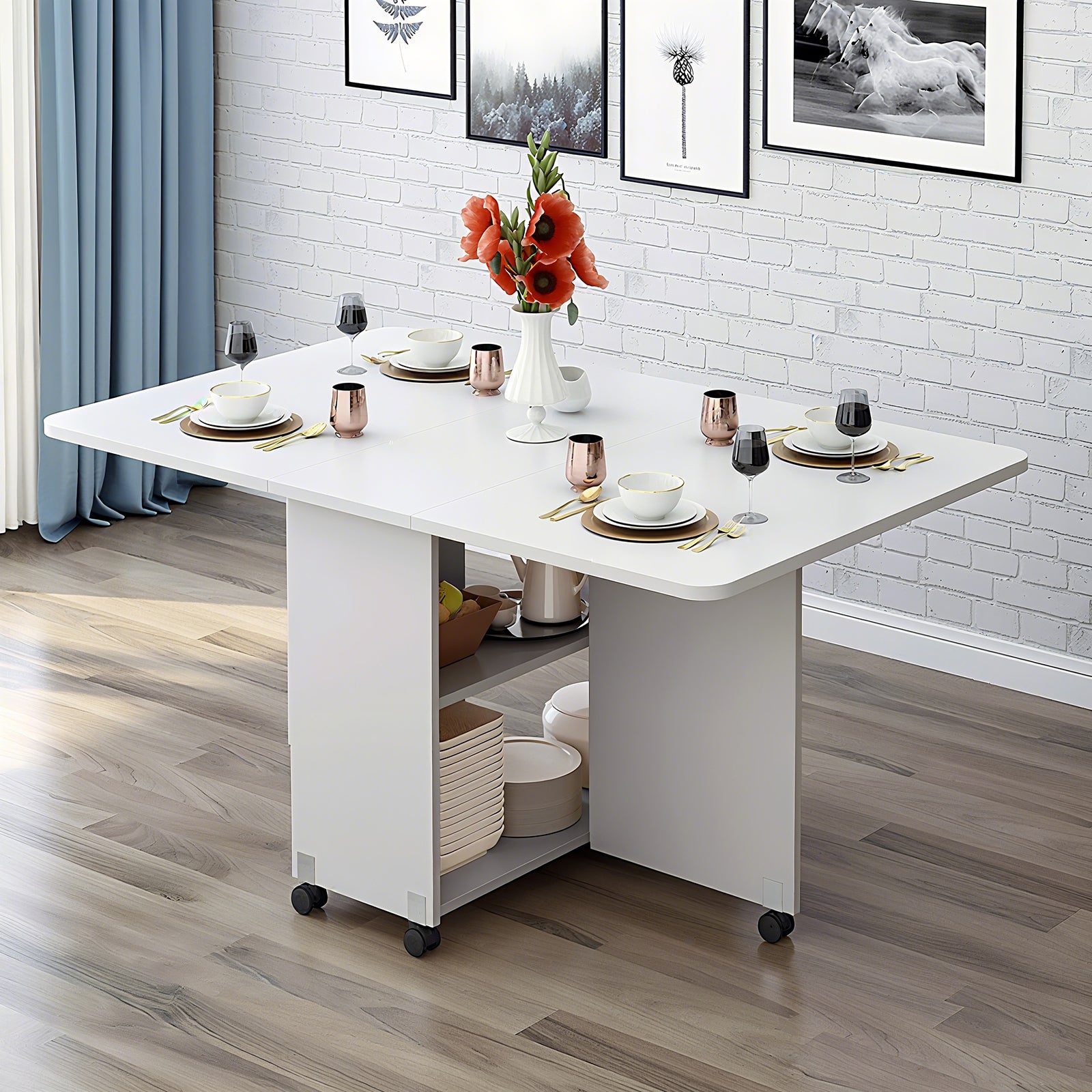 PAPROOS Folding Dining Table, 47'' Drop Leaf Dining Table with Storage Shelves & Wheels, Space Saving Kitchen Table with Marble-color, Expandable Dining Room Table, White