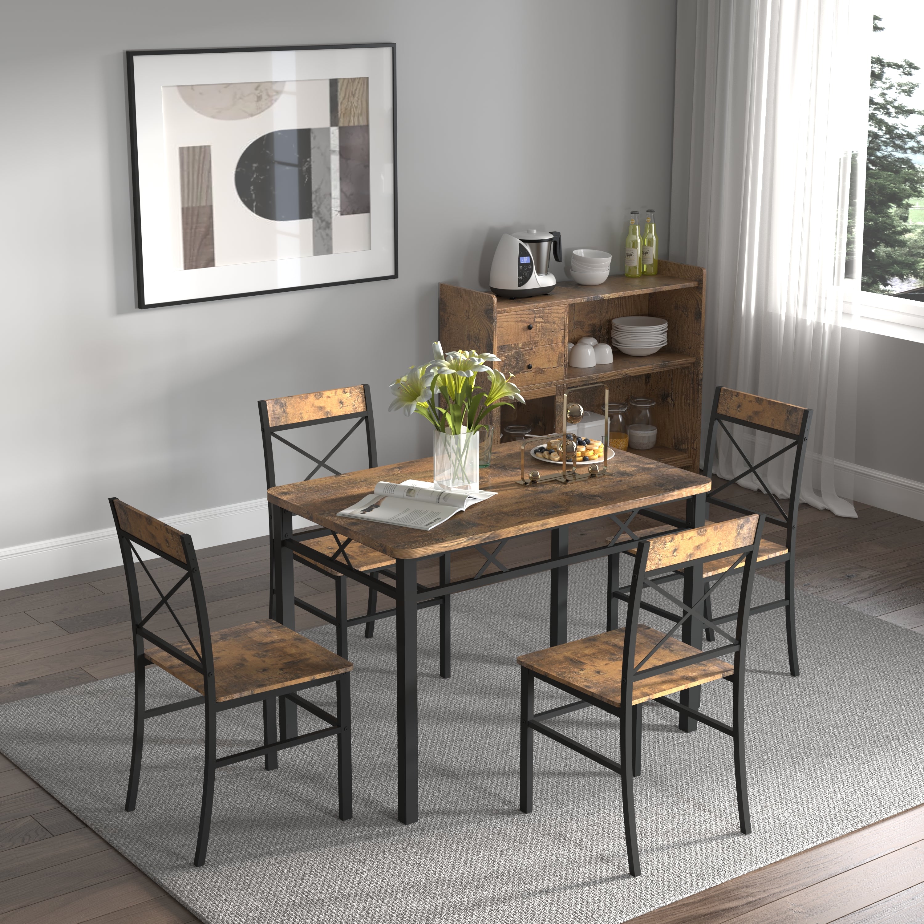 PAPROOS Dining Table Set, 5 Piece Dining Set, 43" Rectangle Kitchen Table and 4 Chairs, Modern Industrial Dining Table for Breakfast Nook, Kitchen Dining Room, Rustic Brown