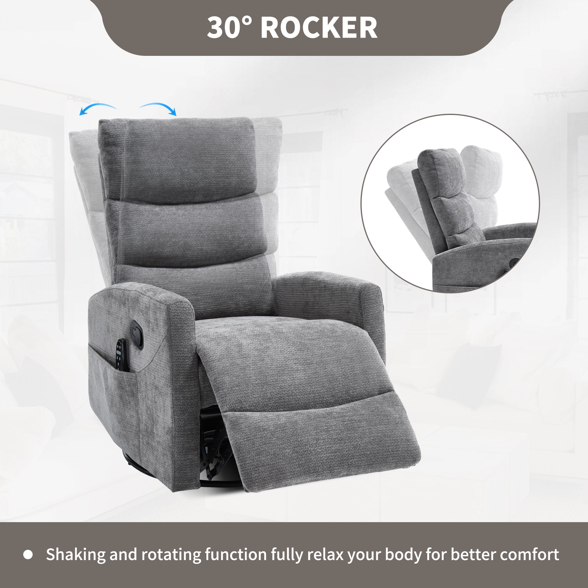 PAPROOS Recliner Chair with Massage and Heat, Fabric 360° Swivel Rocker Recliner, Rocking Chair for Nursery, Manual Recliner for Adults for Home Theater Living Room