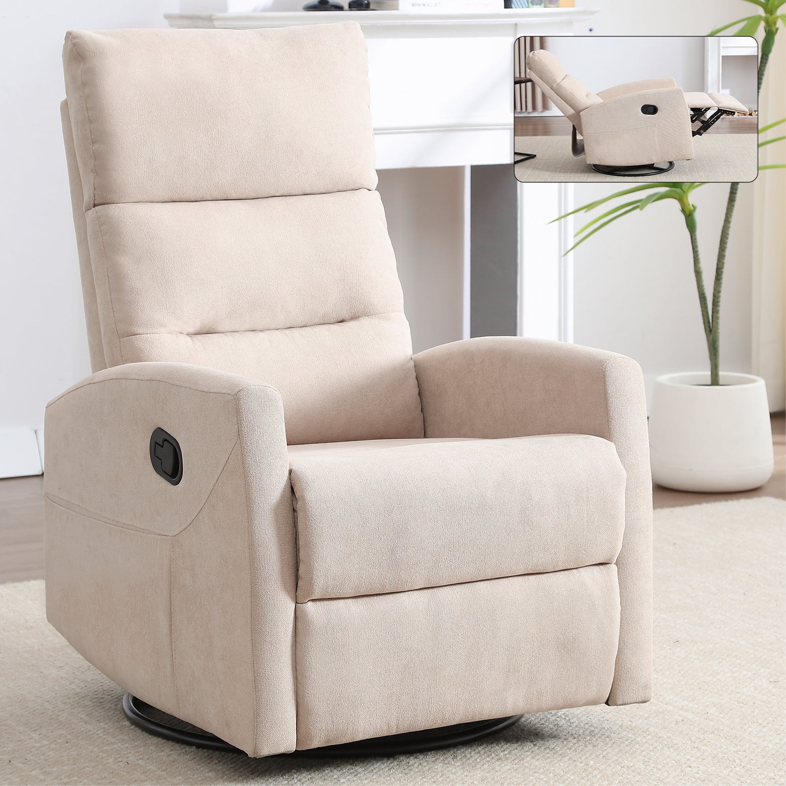 PAPROOS Swivel Rocker Recliner, Fabric 360° Swivel Rocking Recliner with 2 Side Pockets, Glider Rocking Chair for Baby Nursery, Manual Recliner for Adults for Home Theater Living Room