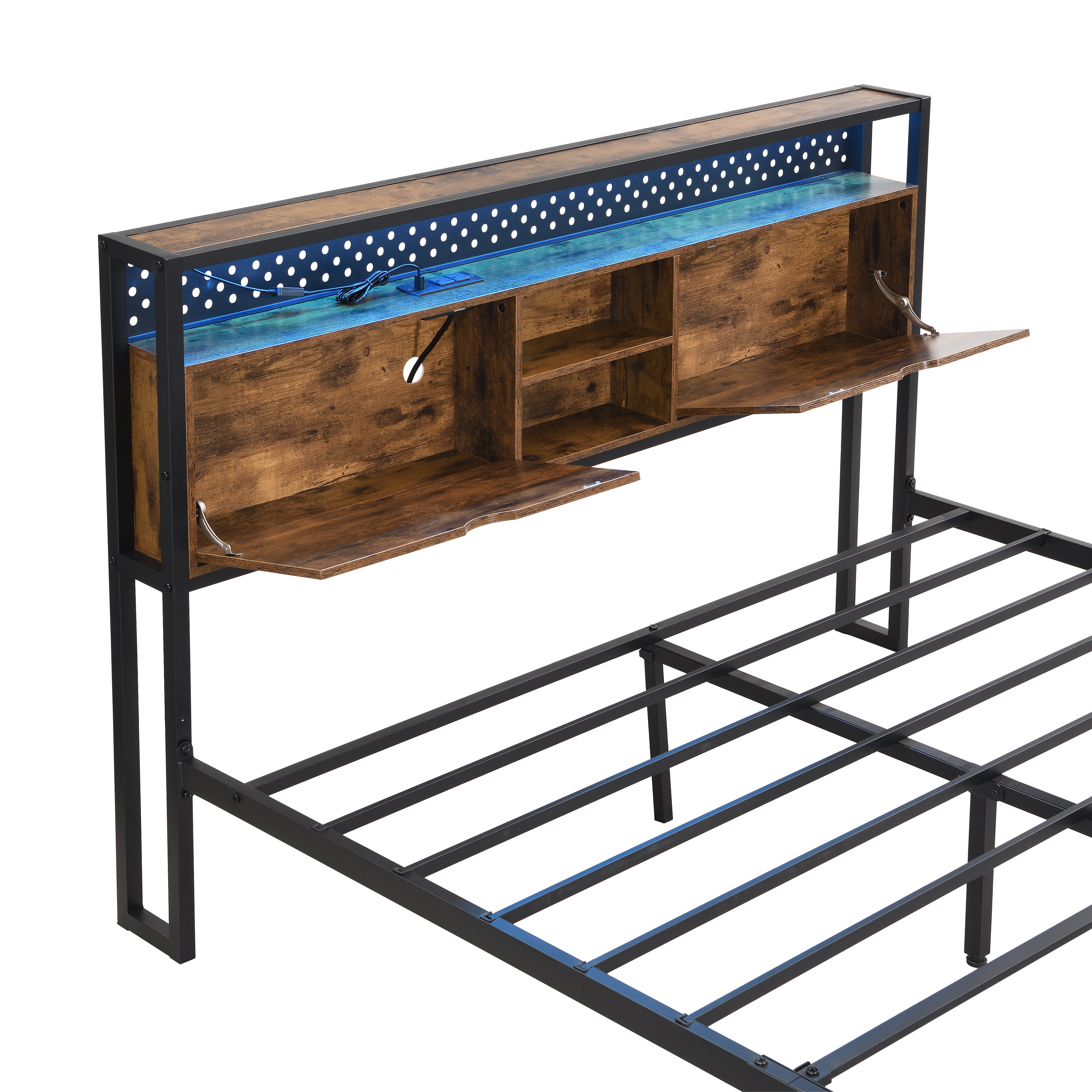 PAPROOS Full Size Bed Frame, Metal Platform Bed with Upholstered Storage Headboard, 2 drawers, Charging Station, Full Bed Frame with Metal Slats