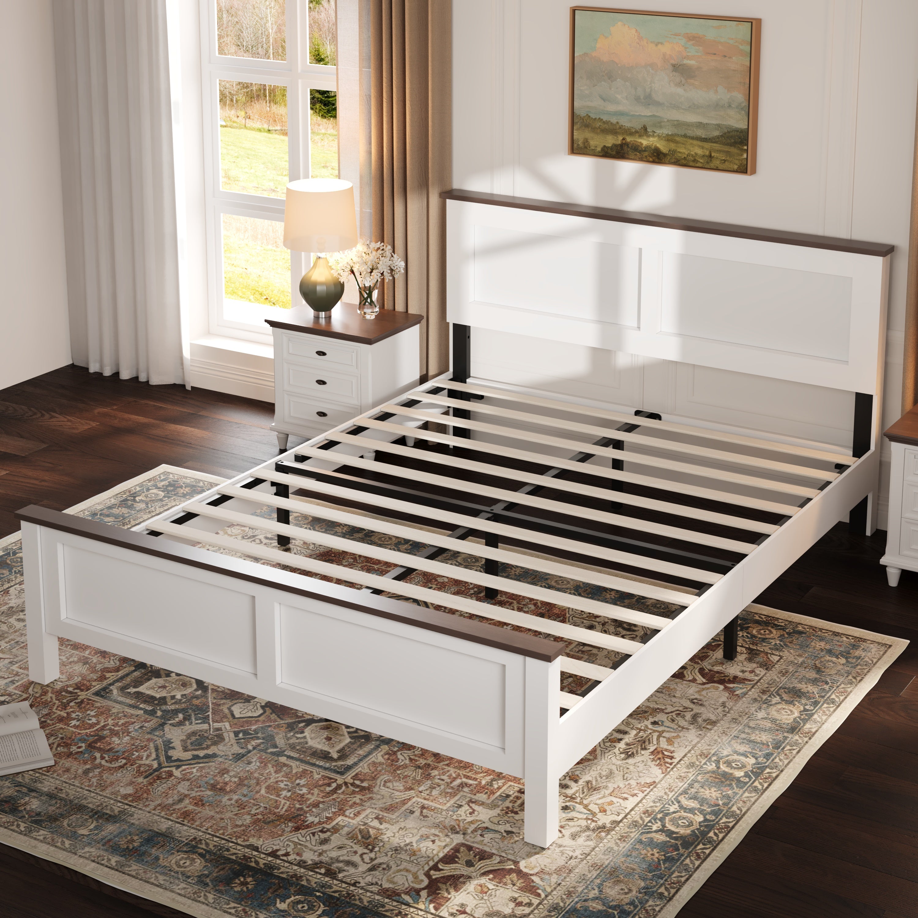 PAPROOS Full Size Bed Frame, Wooden Platform Bed with Headboard and Footboard