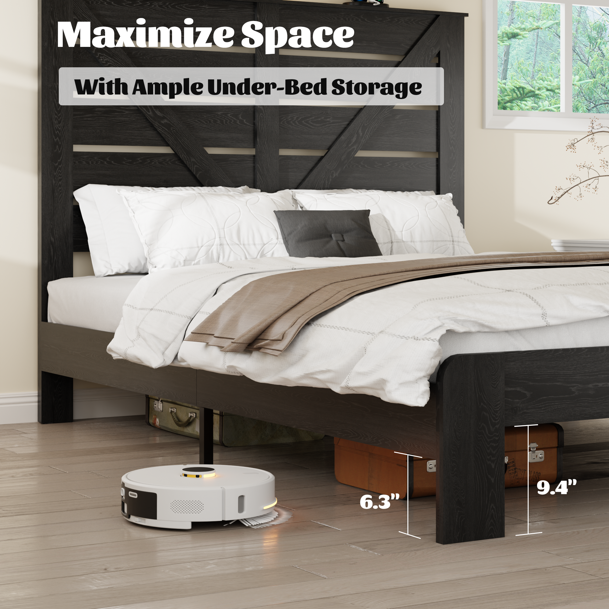 PAPROOS Queen Bed Frame with Headboard, Farmhouse Queen Bed with Charging Station and Touch Lamp, Wood Platform Bed with Metal Slats, No Box Spring Needed, Noise Free