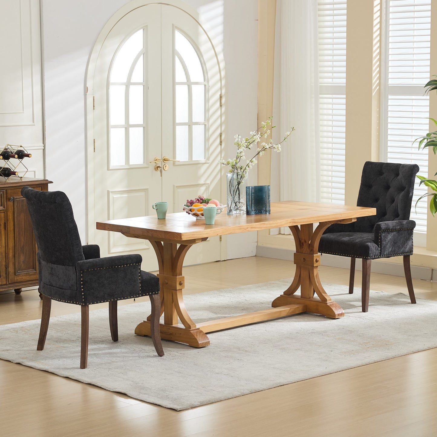 PAPROOS Upholstered Dining Chair, Chenille Fabric Tufted Dining Room Chair with Curved Solid Wood Legs, Modern Accent Dining Chair with Arm, Armchair for Kitchen, Living Room, Black