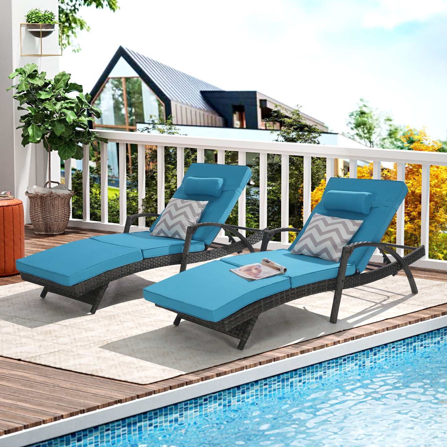Outdoor Chaise Lounge Chair Set of 2, Rattan Patio Chaise Lounge Chair with Cushion and Arms, Modern 5-Positions Adjustable Outdoor Lounger Recliner for Poolside, Garden, Backyard, Light Gray