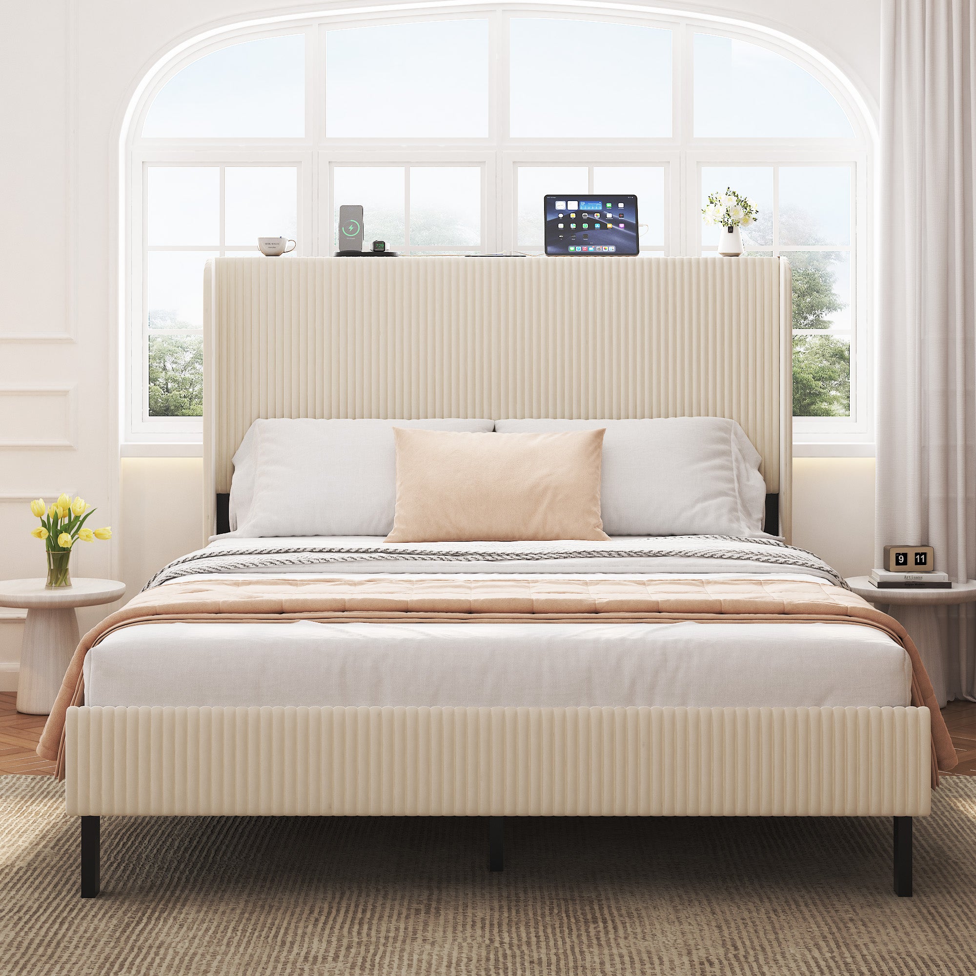 PAPROOS Queen Bed Frame, Queen Bed with Charging Station, LED Light Strip, Upholstered Headboard, Metal Platform Bed with Under Bed Storage, No Box Spring Needed