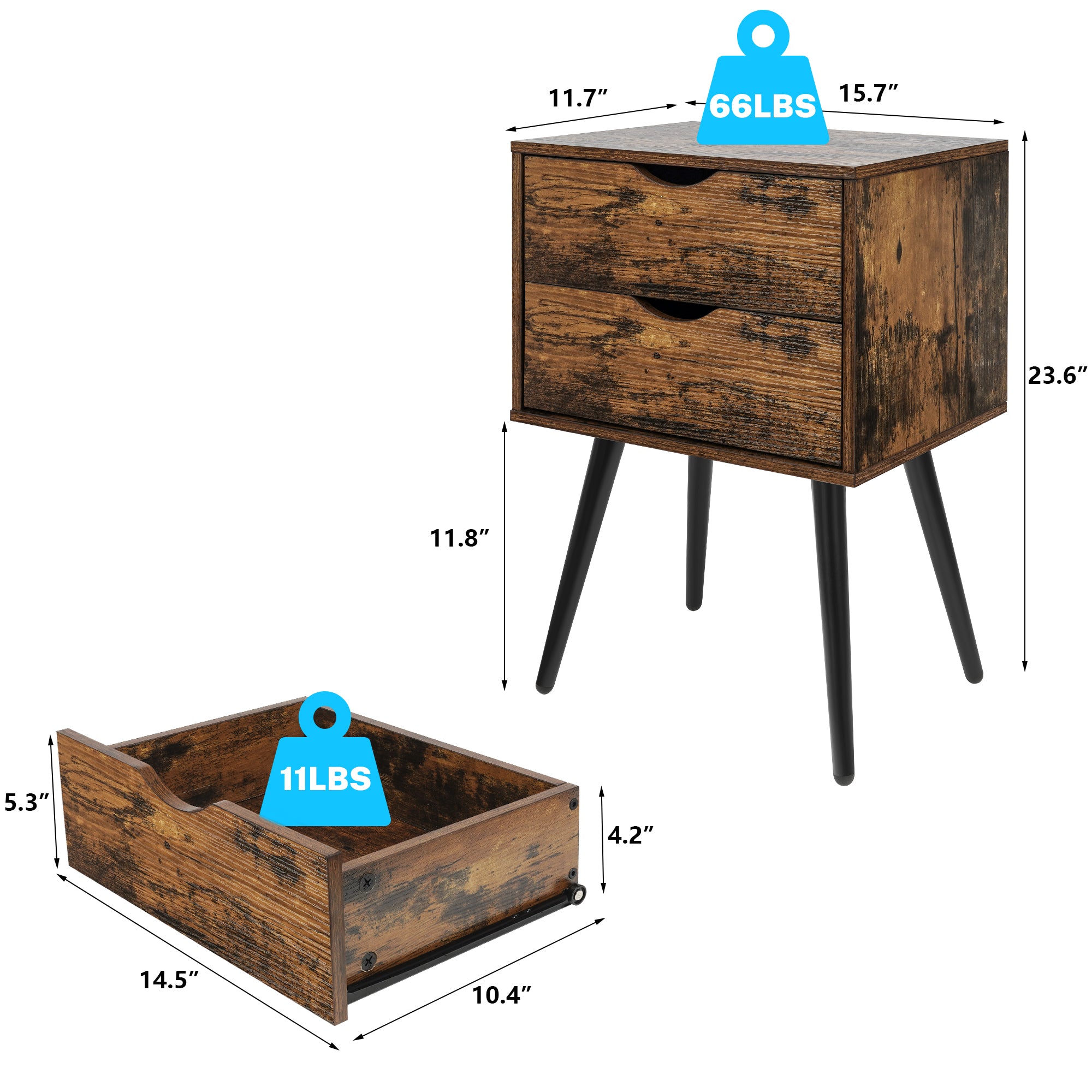 Nightstands Set of 2, Bedroom Bedside Table with 2 Drawers Storage, Country Style Night End Table with Large Storage Space, Suitable for Living Room Bedroom, Rustic Brown