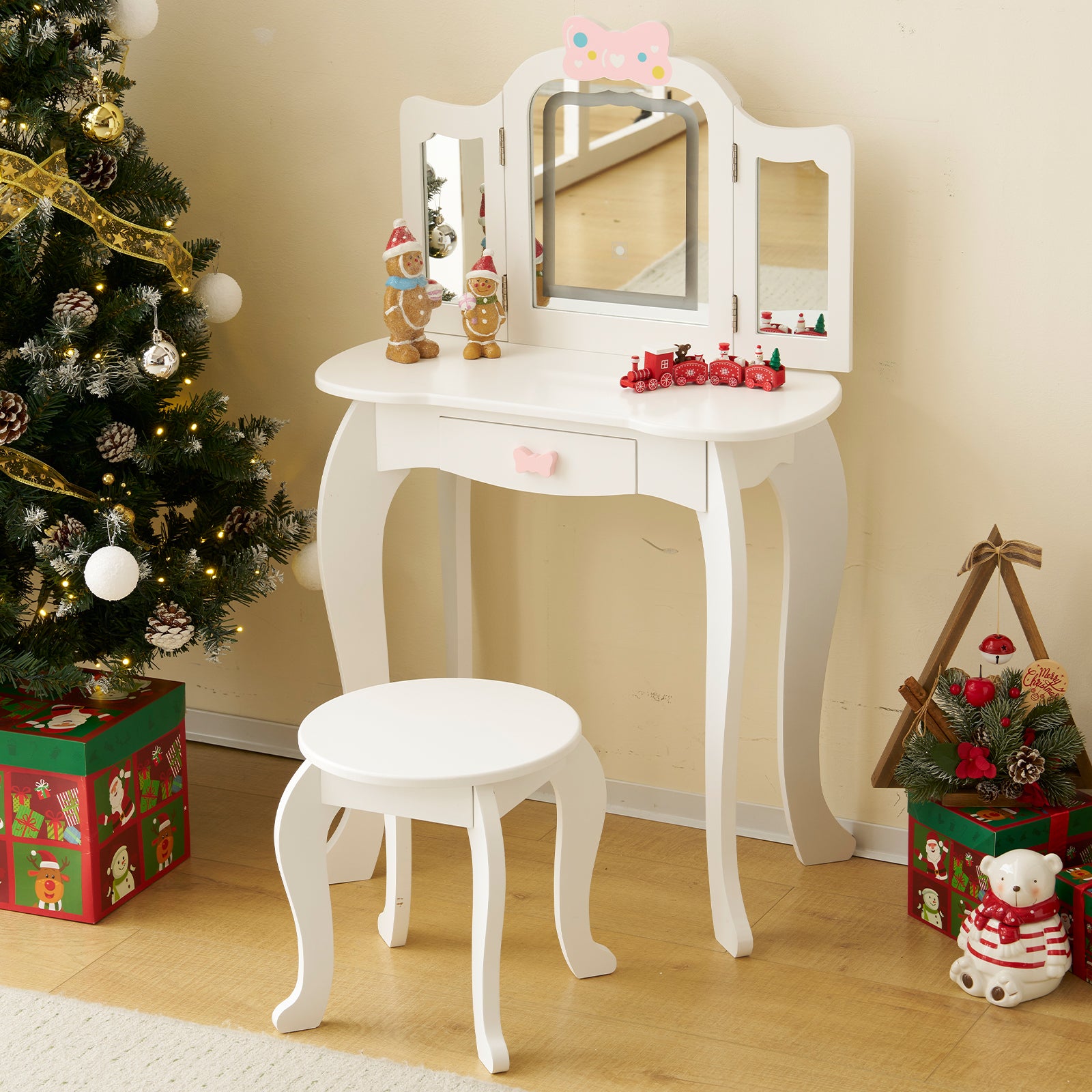 PAPROOS Kids Vanity Set with Mirror and Lights, Wood 2-in-1 Girls Vanity with Drawer, Princess Toddler Dressing Table, Pretend Play Kids Makeup Vanity Table and Chair for Little Girls Aged 3+, White