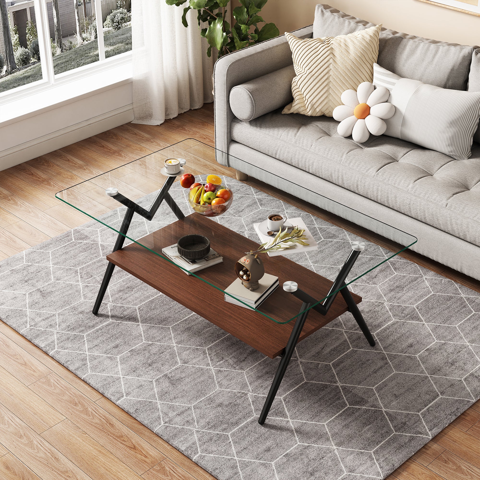 38’’ Glass Coffee Table, Paproos Rectangle Coffee Table with Storage, Modern Small Coffee Table with Metal Legs, Center Table Tea Table for Living Room, Brown & Black
