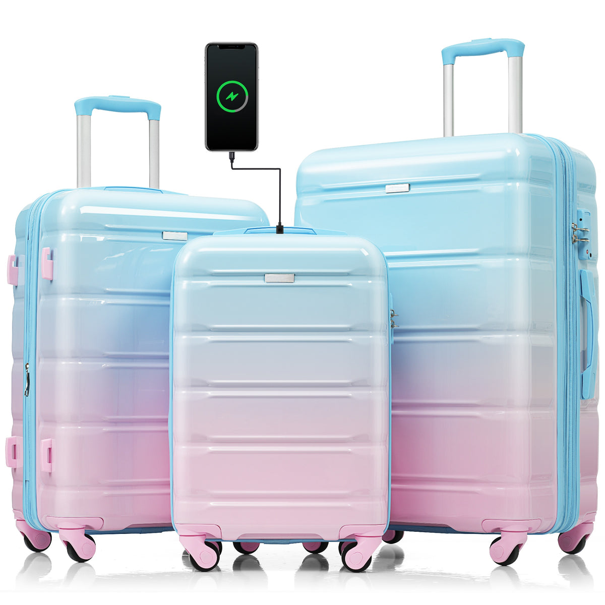 PAPROOS 3-Piece Luggage Set (20''/24''/28''), Hardshell Lightweight Suitcase with USB Port and Side Hooks, Travel Luggage with TSA-Lock, Hardside Rolling Luggage for School, Travel