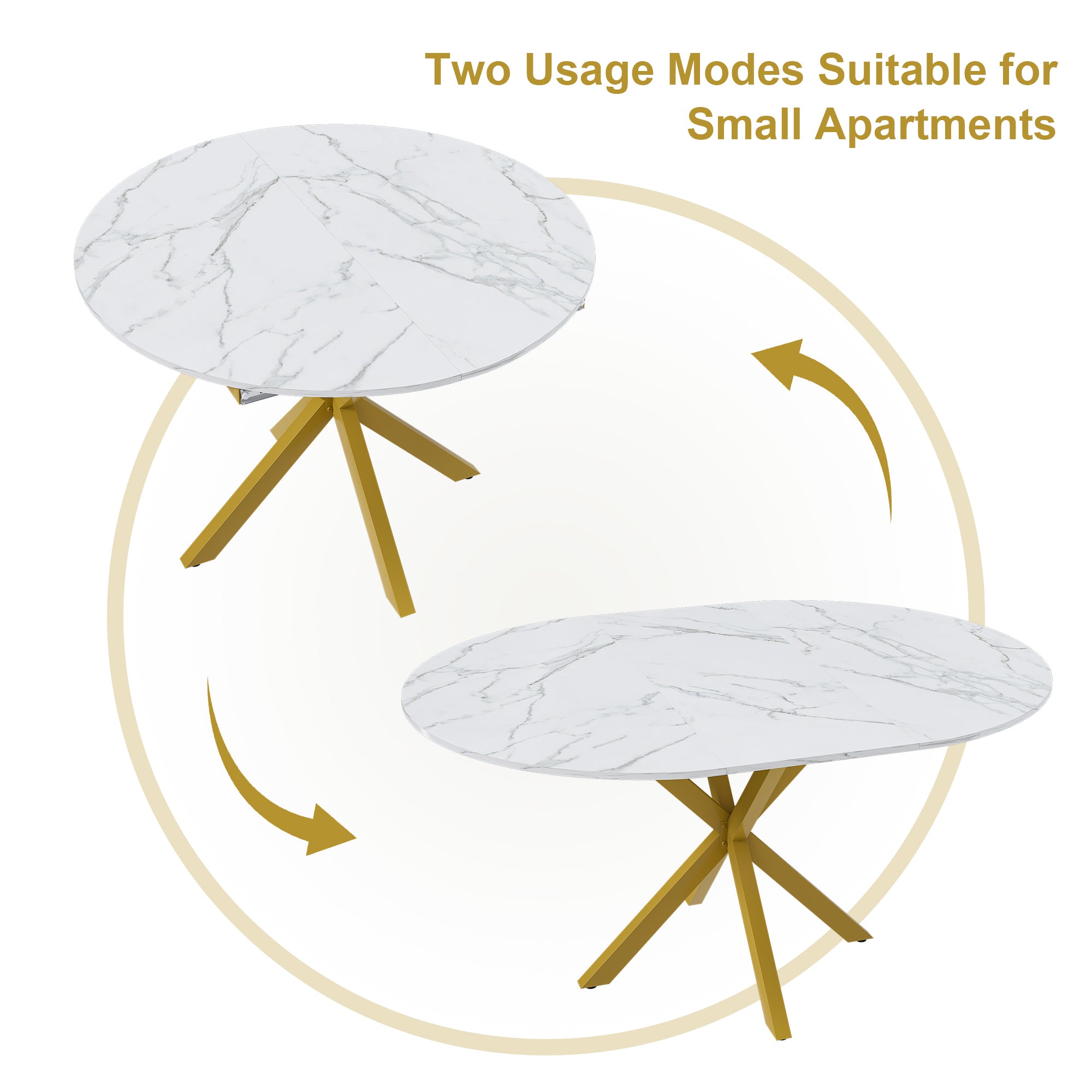 PAPROOS Extendable Dining Table for 4-6, 60'' Expandable Round Dining Room Table with Metal Legs, Faux Marble Kitchen Table for Small Places, Breakfast Nook