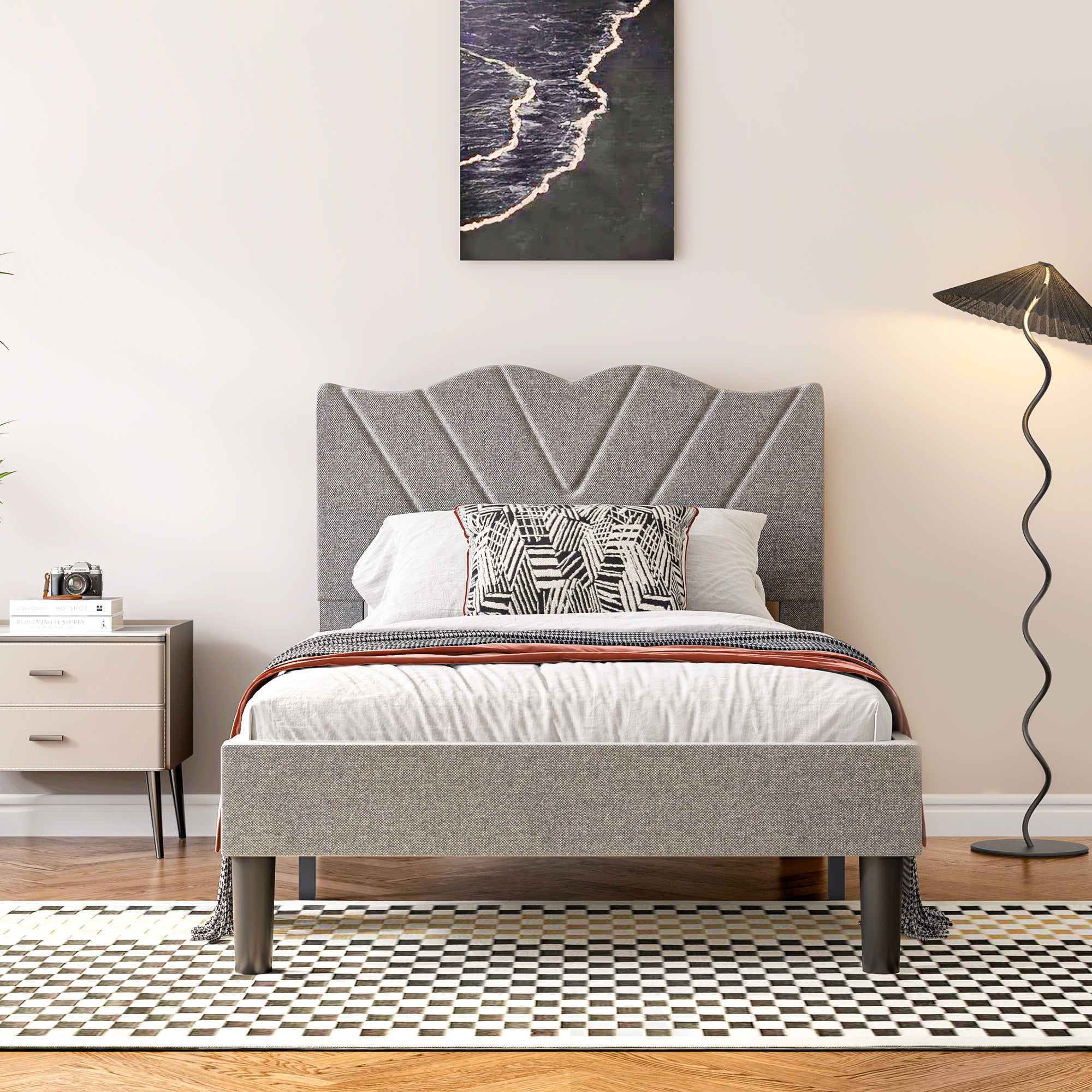 PAPROOS Twin Bed Frame, Twin Bed with Velvet Upholstered Headboard, Metal Platform Bed with Under Bed Storag, No Box Spring Needed, Noise-Free