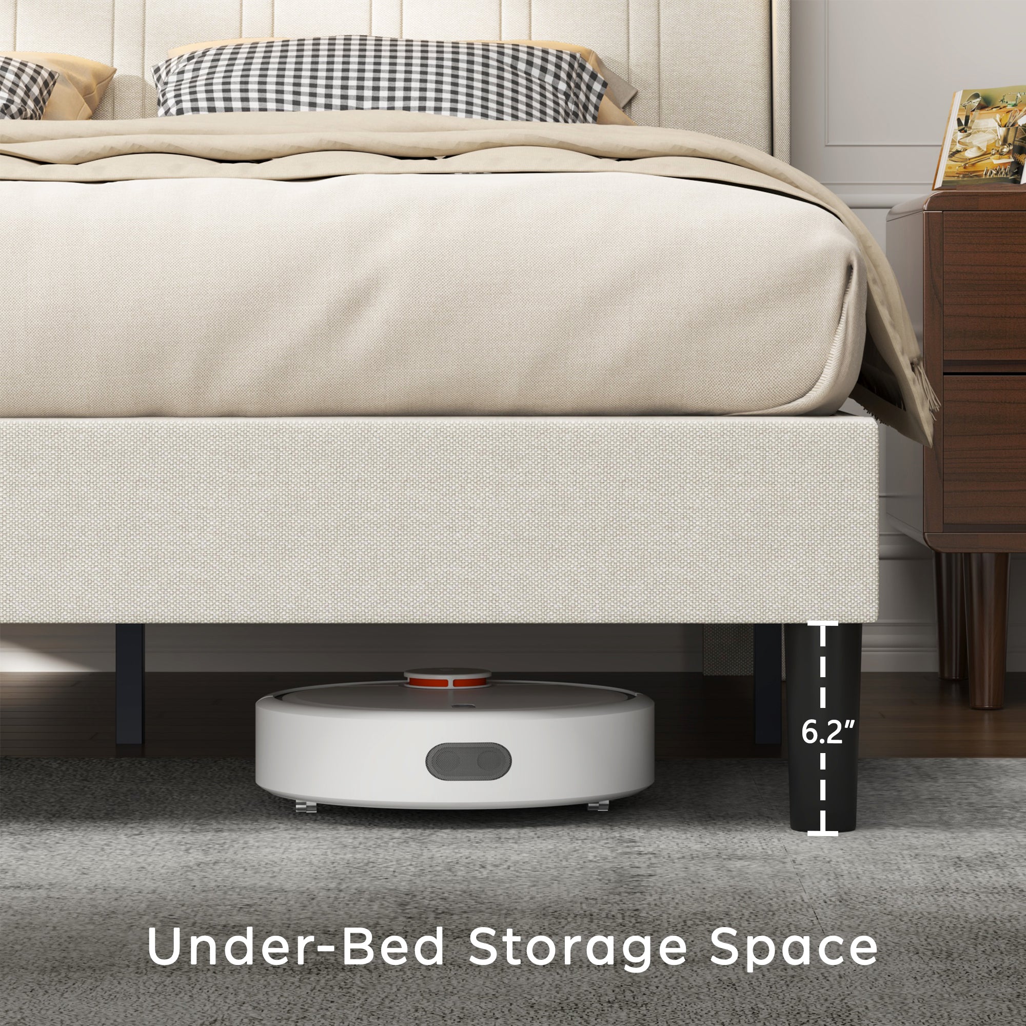 PAPROOS Full Bed Frame, Full Bed with Charging Station and LED Light, Velvet Upholstered Headboard, Metal Platform Bed with Wooden Slats, No Box Spring Needed