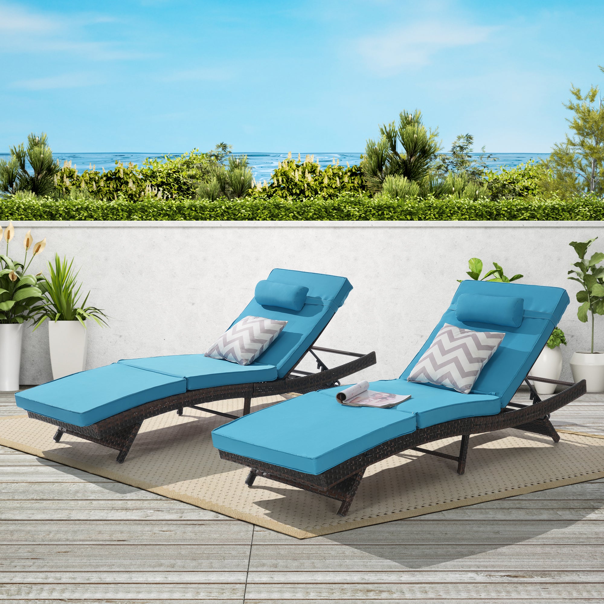 Outdoor Chaise Lounge Chair Set of 2, Wicker Outdoor Lounger Recliner with Cushions and 5-Level Adjustment Backrest, Modern Patio Lounge Chair for Poolside, Garden,