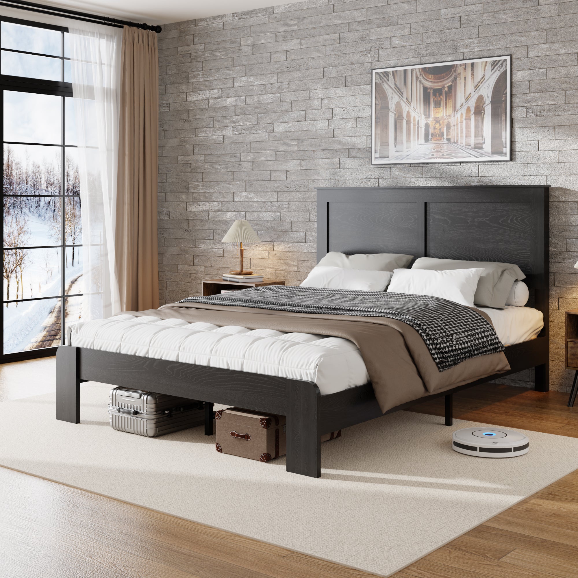 PAPROOS Queen Size Bed Frame, Wooden Queen Bed with Headboard, Modern Farmhouse Platform Bed with Underbed Storage, Queen Wooden Bed Frame, No Box Spring Needed, Black（Mattress Not Included)
