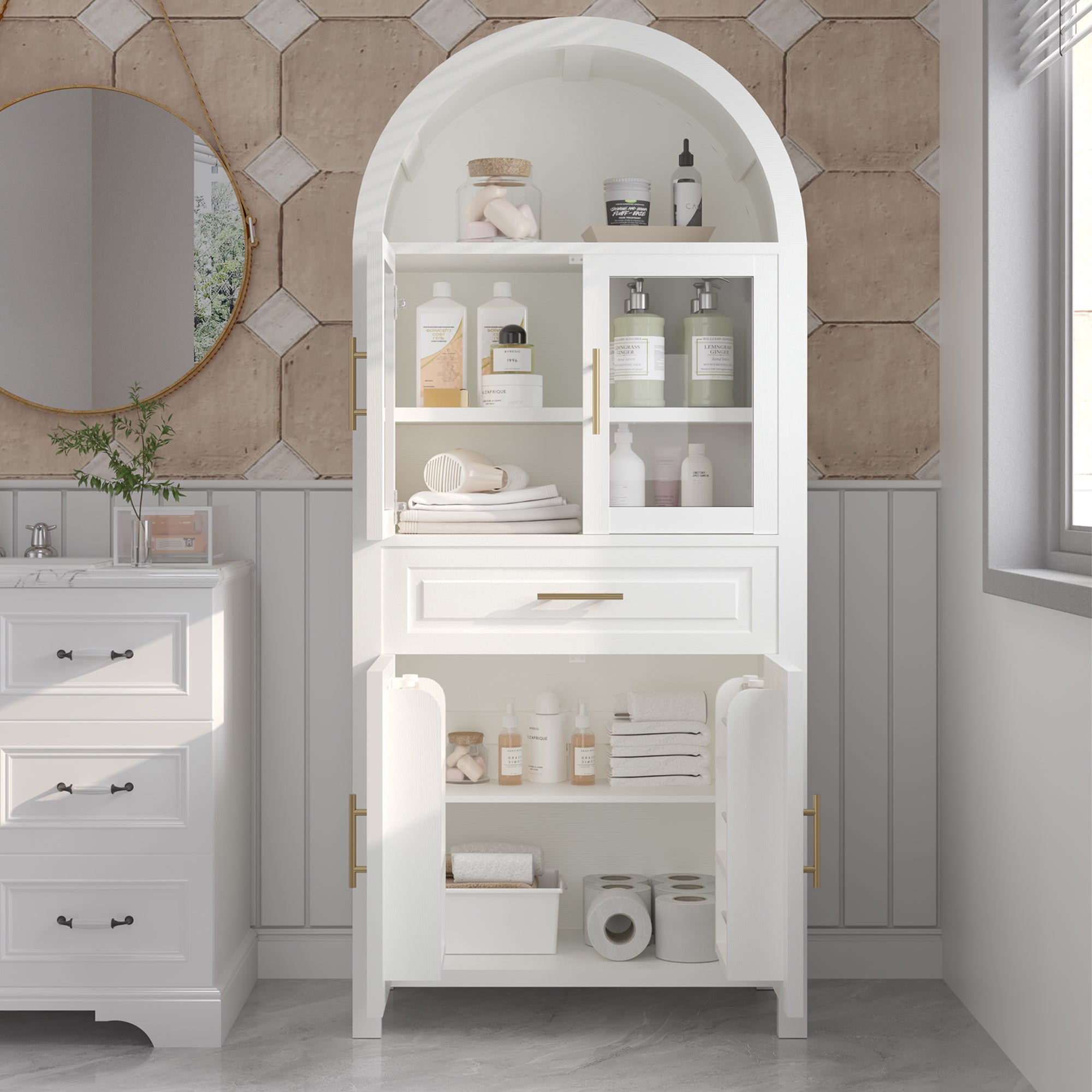 PAPROOS 71" Tall Arched Pantry Storage Cabinet with Glass Door, Farmhouse Pantry Cabinet with Built-in Racks & Adjustable Shelves, Barn Door Design Kitchen Storage for Living Room Dining Room, White