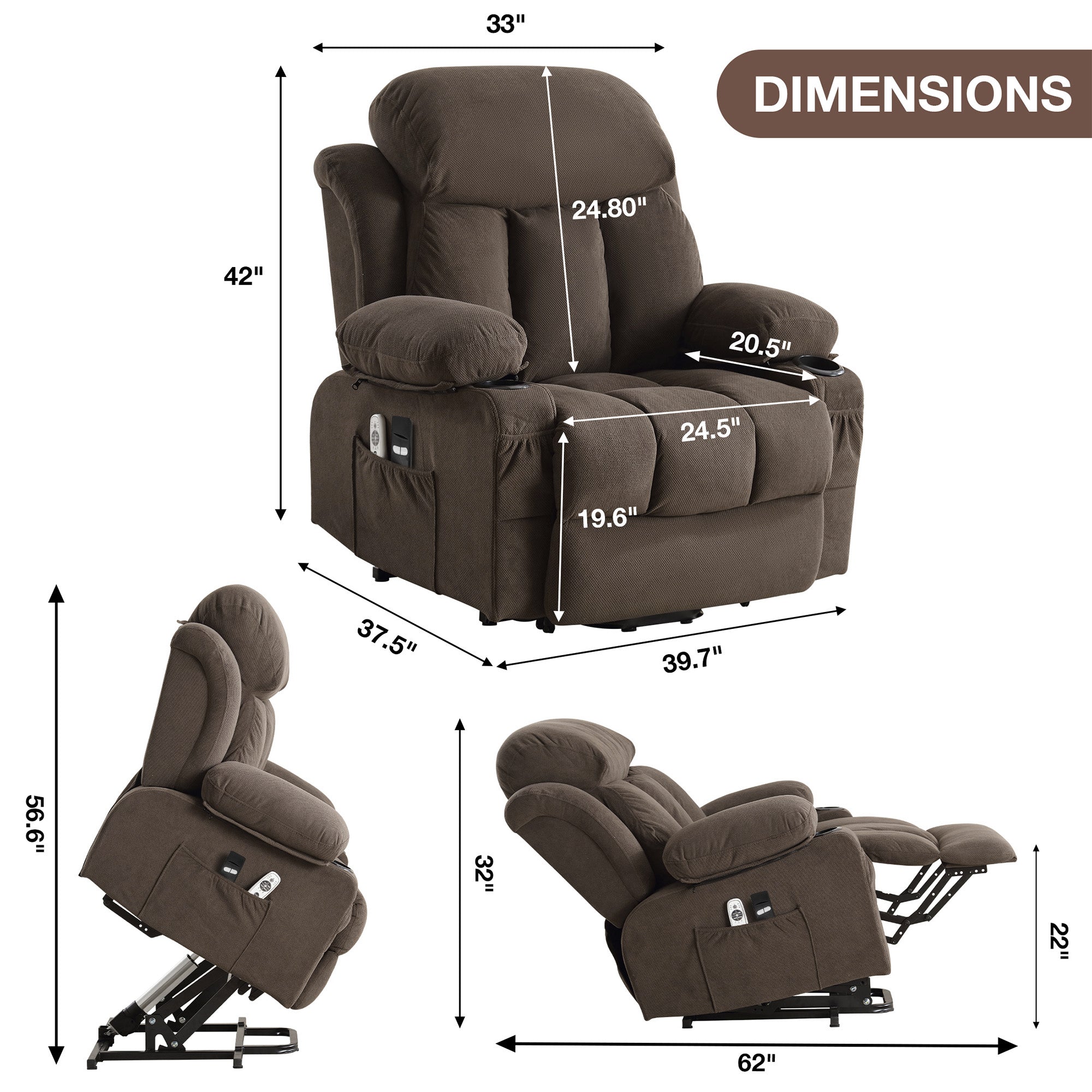 PAPROOS Power Lift Recliner Chair for Elderly with Heat and Massage, Electric Velvet Lift Chair with USB Port, Side Pockets and Cup Holders, Remote Control Recliner for Living Room, Brown