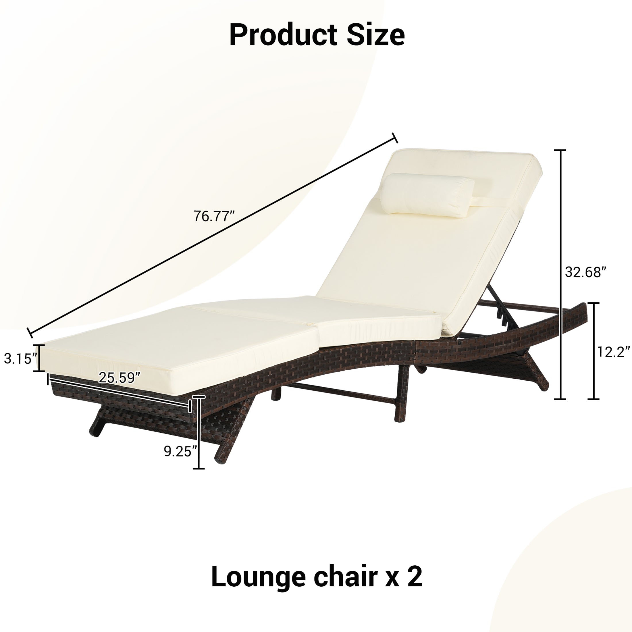 Outdoor Chaise Lounge Chair Set of 2, Wicker Outdoor Lounger Recliner with Cushions and 5-Level Adjustment Backrest, Modern Patio Lounge Chair for Poolside, Garden,
