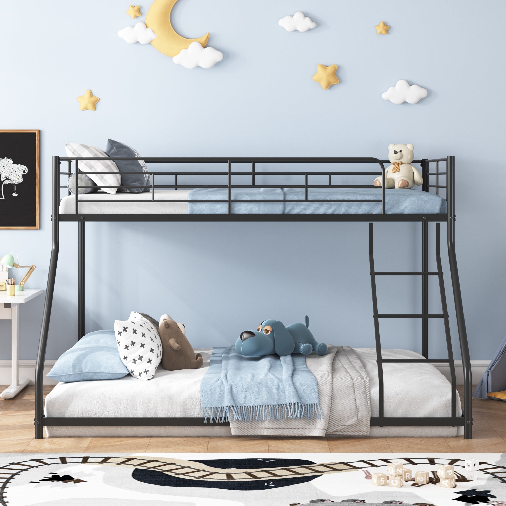 PAPROOS Bunk Bed Twin Over Full, Bunk Bed for Kids with Drawers, Ladder, Guard Rails, USB Charging Station, Metal Bunk Bed Frame for Teens Adults for Bedroom Dorm Room,No Box Spring Needed, Black