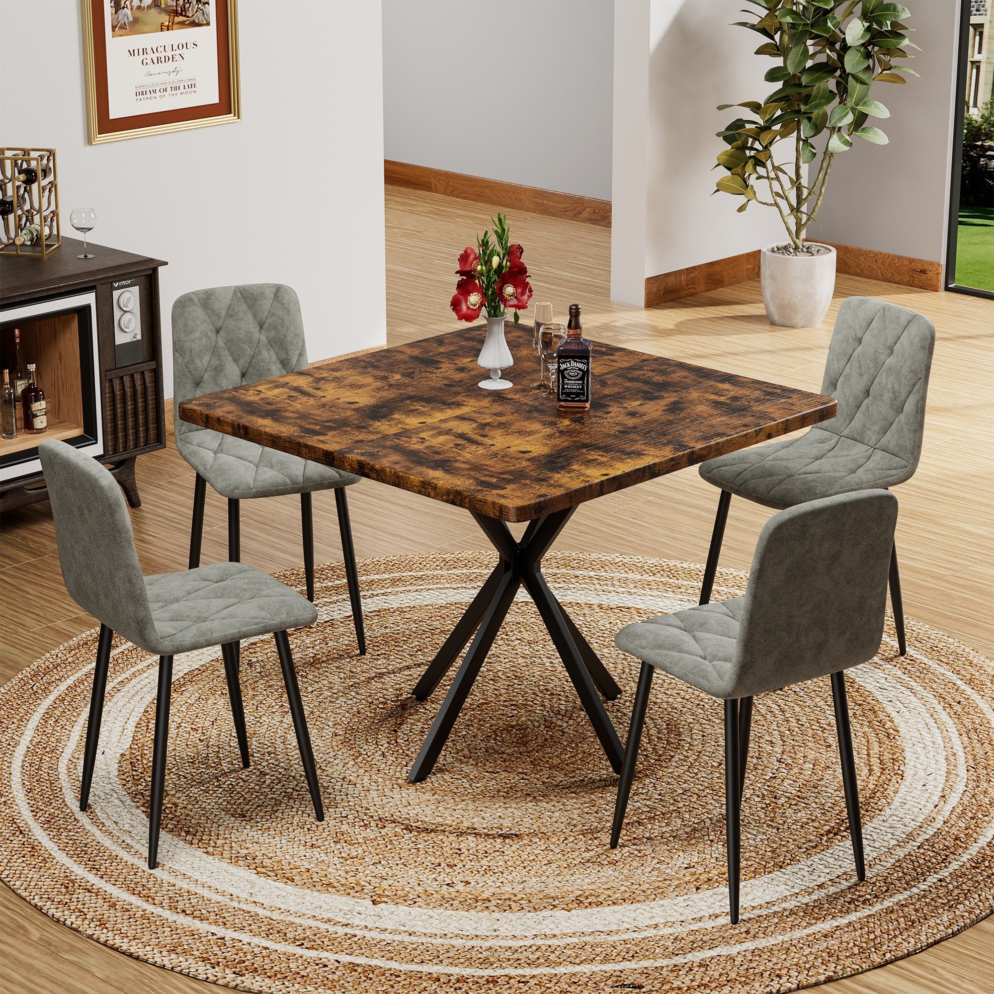 PAPROOS Dining Table Set for 4, 5-Piece Kitchen Table Set with Faux Marble Tabletop and 4 Velvet Upholstered Chairs, Square Kitchen Table and Chairs, Small Dining Set for Dining Room