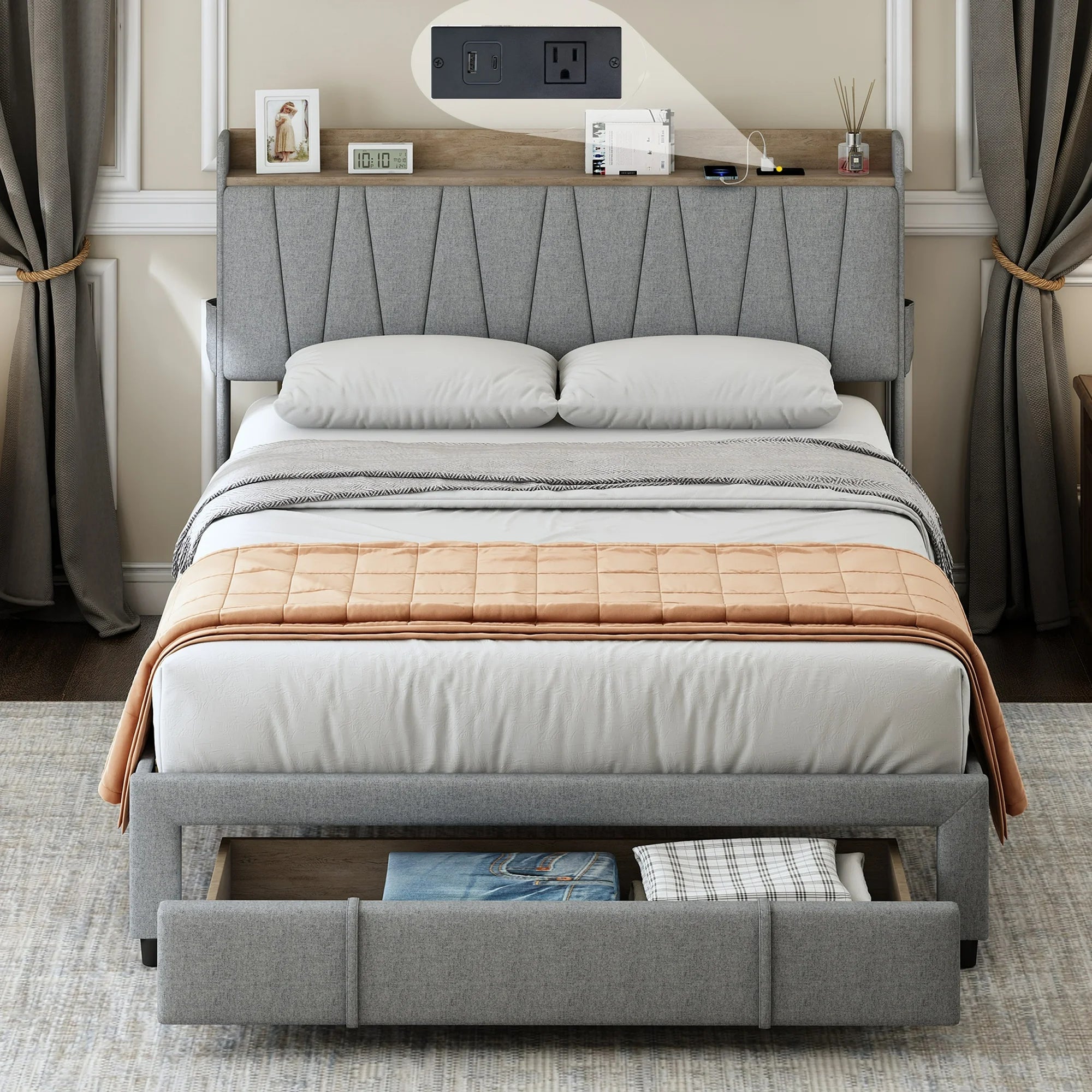 PORKISS Queen Size Bed Frame with USB Ports, Drawers and Storage Headboard, Upholstered Bed Frame with Plug Outlets, Gray