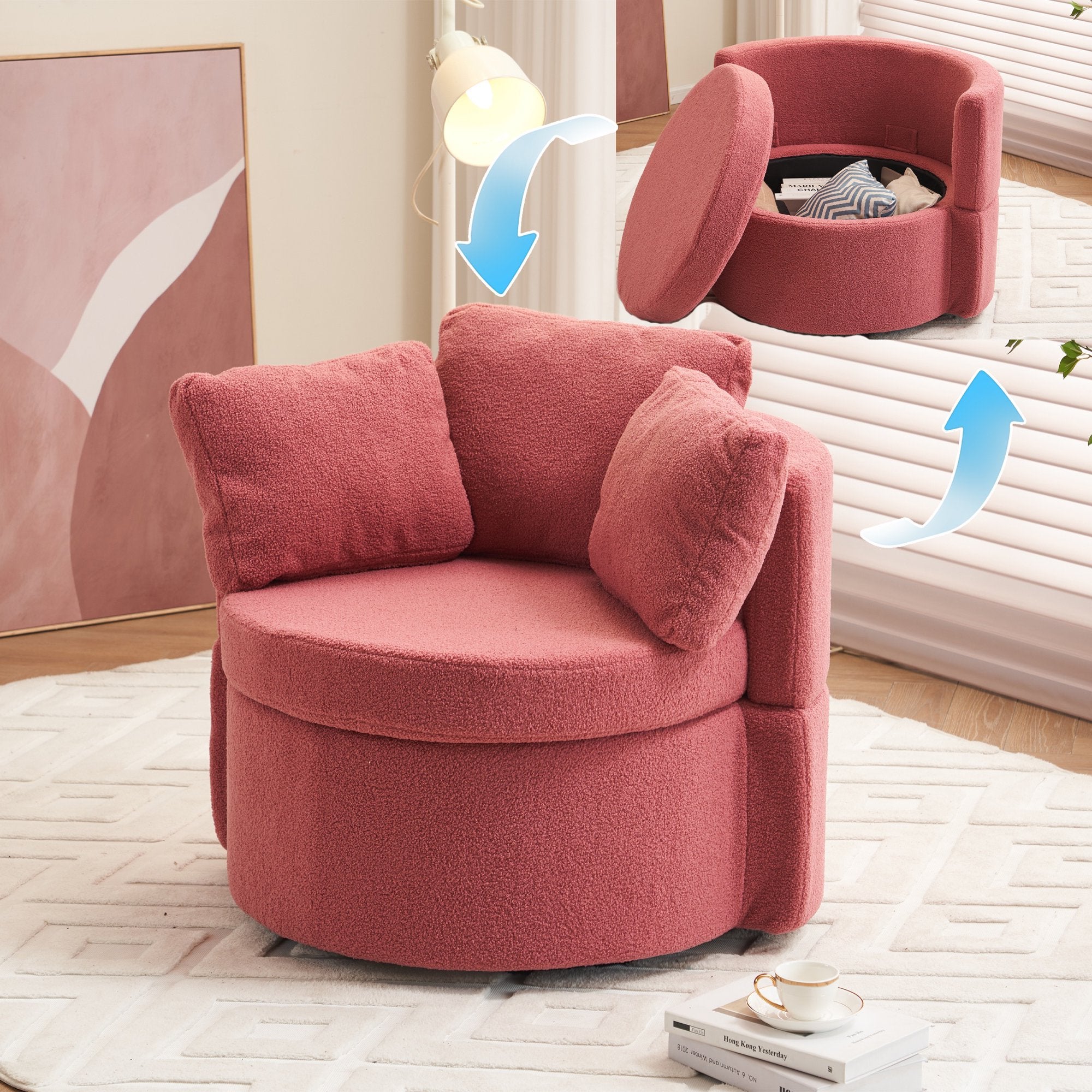 PAPROOS Swivel Barrel Accent Chair, 360° Swivel Chairs with Storage and Removable Throw Pillow, Single Sofa Armchair Comfy Round Sofa Chair for Living Room Bedroom