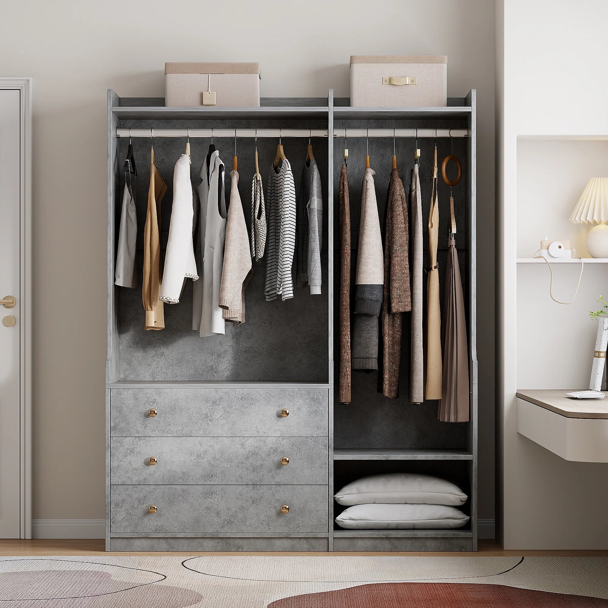 PAPROOS Open Wooden Wardrobe with 2 Hanging Rods, Bedroom Armoire Cabinet with 3 Drawers for Adult Bedroom, Brown