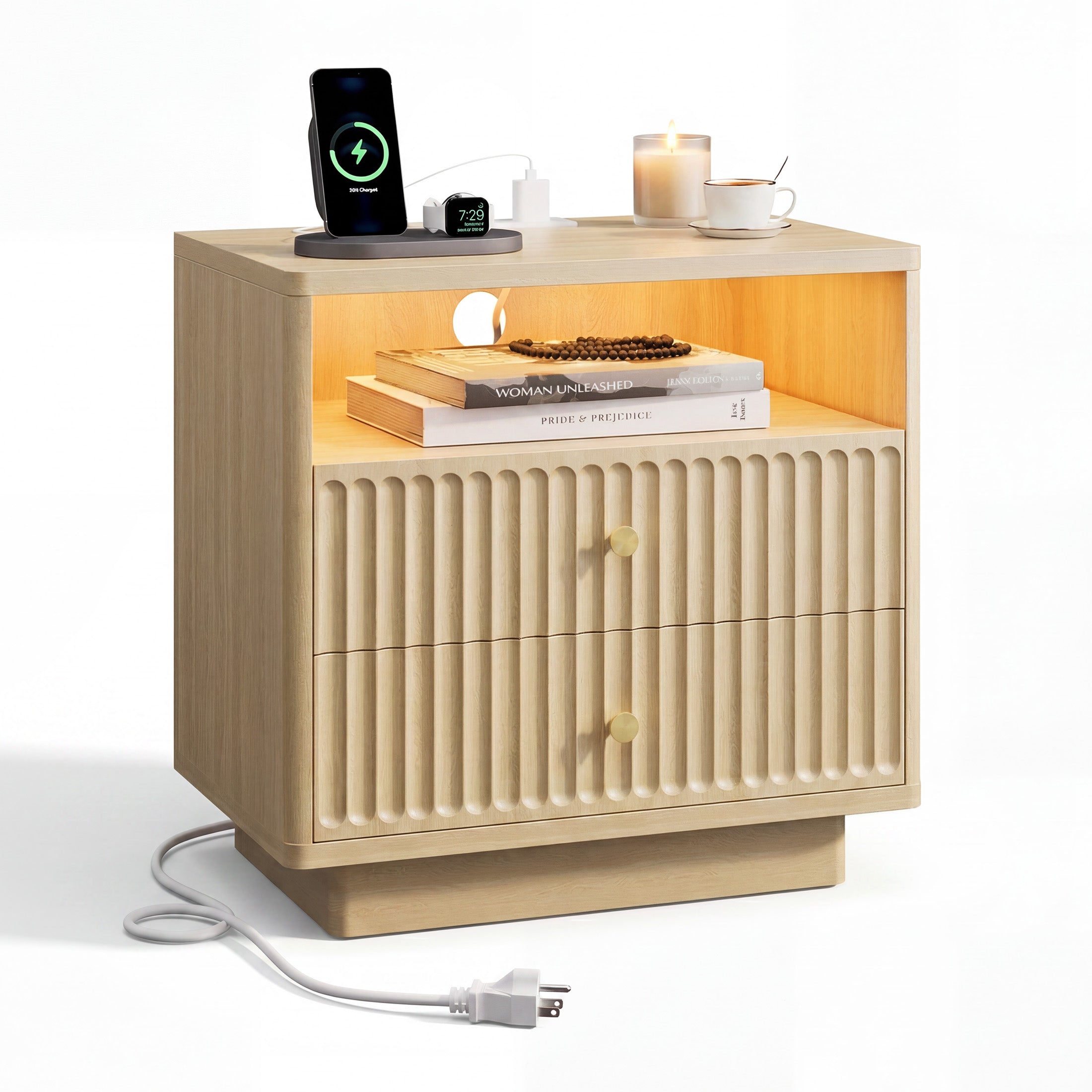 Fluted Nightstand with Charging Station
