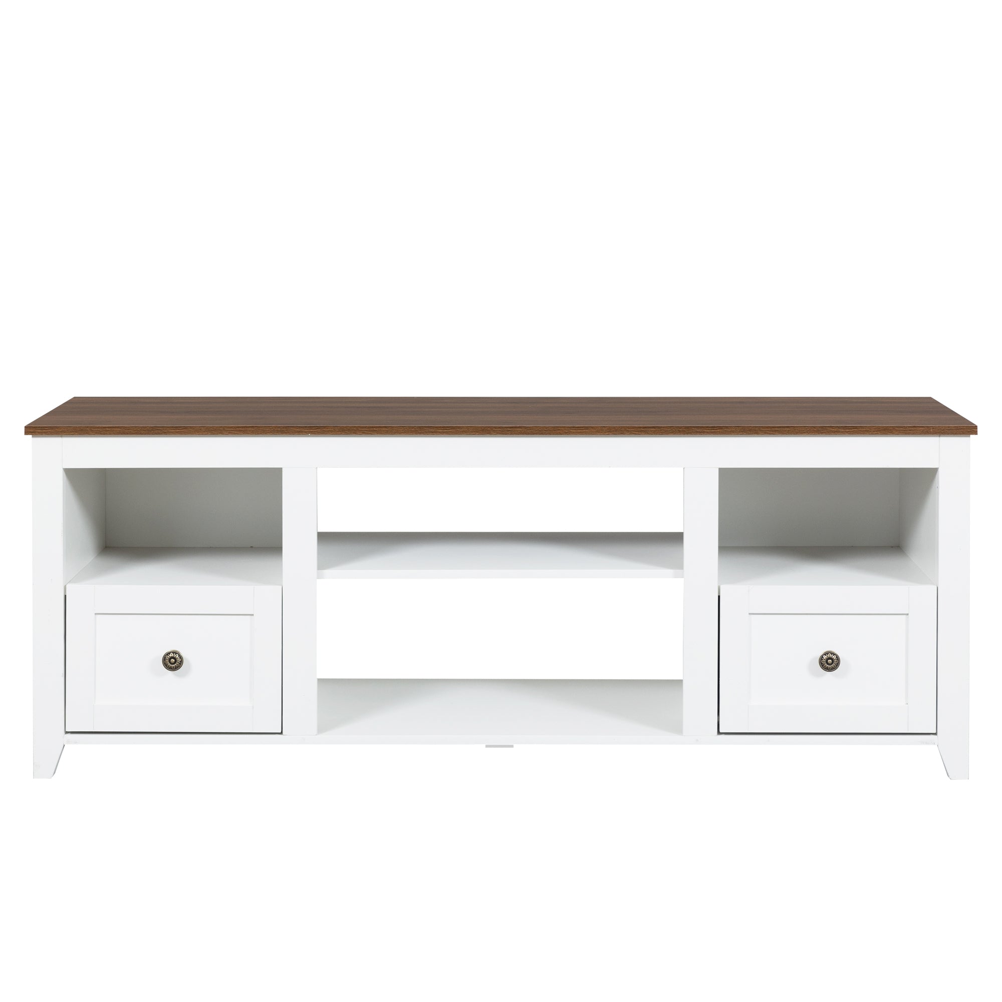 Farmhouse TV Stand for 65 inch TV, LED Entertainment Center Allows for 23in Electric Fireplace, TV Media Console Entertainment Center with Lights, 2 Drawers and Open Shelves, White