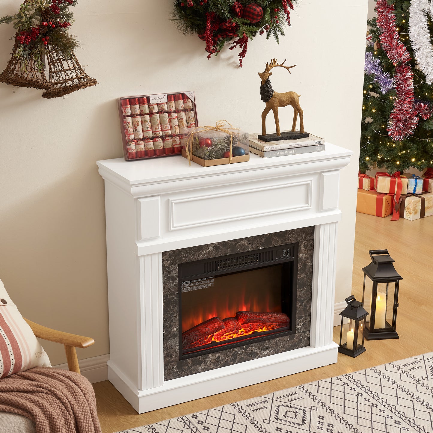 PAPROOS 41” Electric Fireplace with Mantel, Freestanding Electric Fireplace Heater with Remote Control, Adjustable Flame, Timer, Wooden Surround with Fireplace Insert for Living Room, 1400W, White