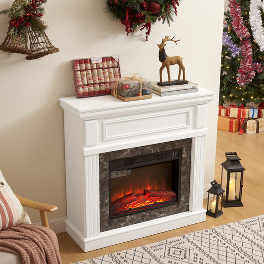 PAPROOS 41” Electric Fireplace with Mantel, Freestanding Electric Fireplace Heater with Remote Control, Adjustable Flame, Timer, Wooden Surround with Fireplace Insert for Living Room, 1400W, White