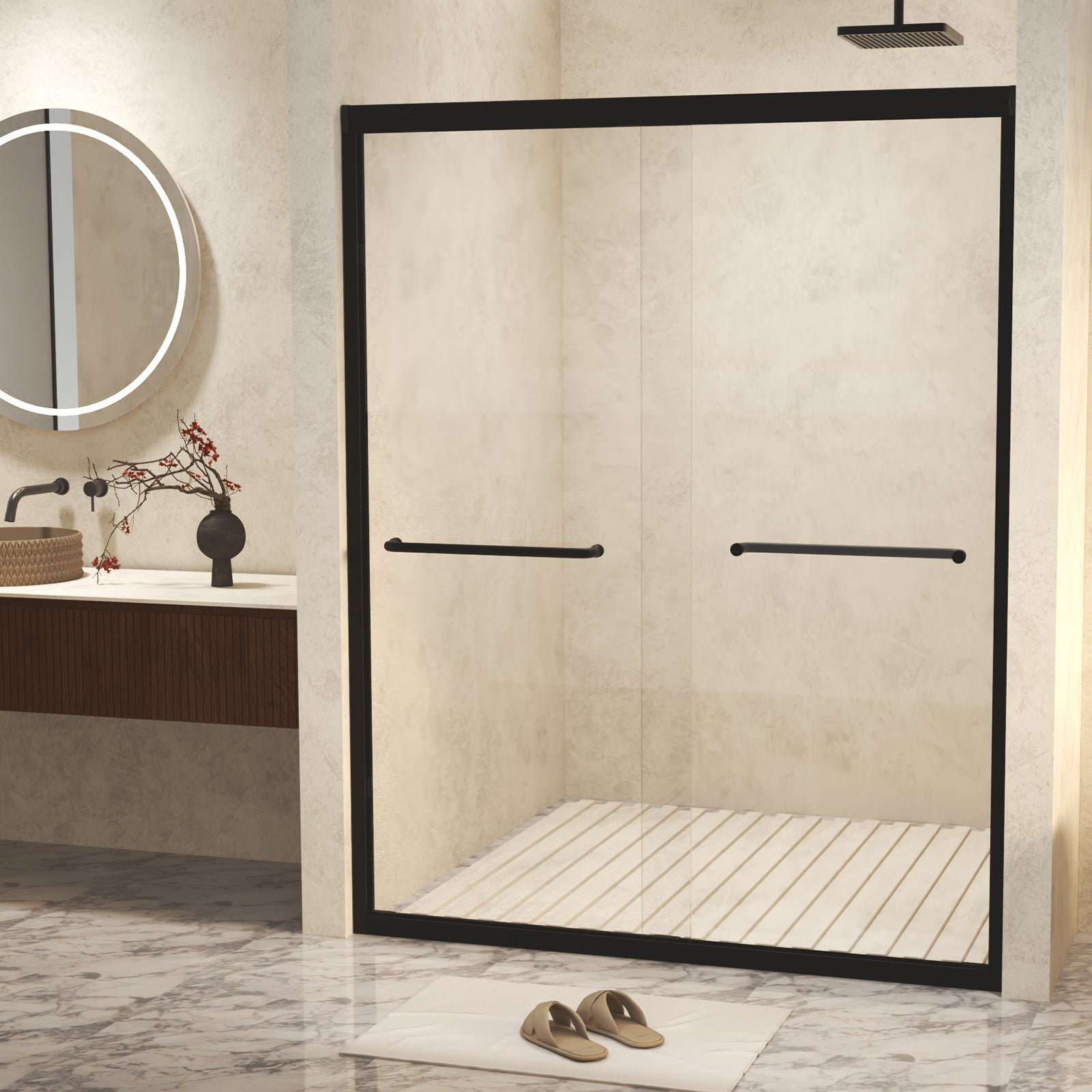 PAPROOS 56"-60" W x 72" H Double Sliding Shower Door, Modern Tub Door with Aluminum Frame, Bathtub Door with 1/4” (6 mm) Clear Tempered Glass, Stainless Steel Handle, SGCC Certified, Matte Black
