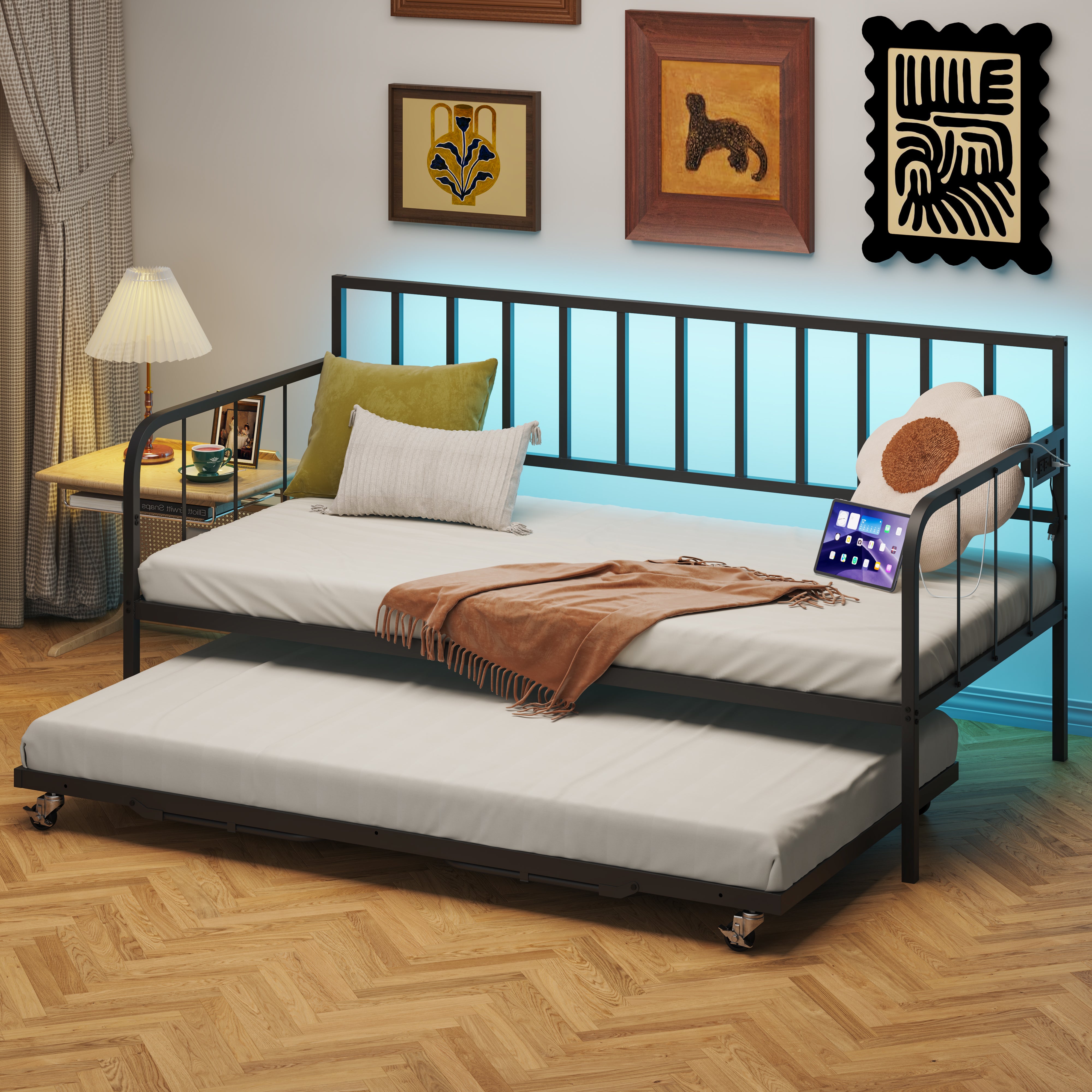 PORKISS Daybed with Trundle Bed and LED Light