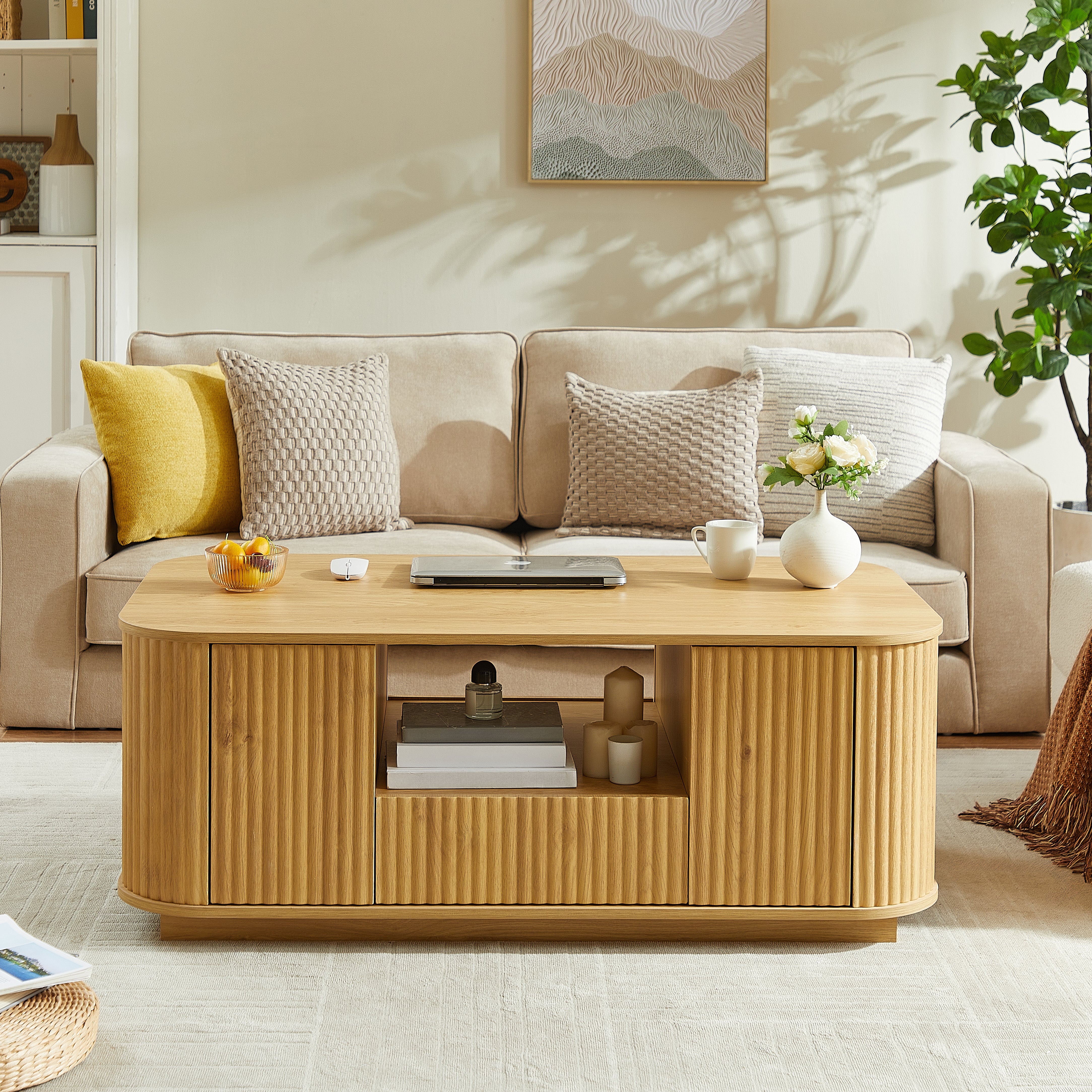 PAPROOS 2-Pieces TV Stand for 70 Inch TV, 64" Entertainment Center with Storage Cabinet, Fluted Sideboard, Accent Cabinet with 1 Drawer and 2 Doors for Kitchen, Dining Living Room