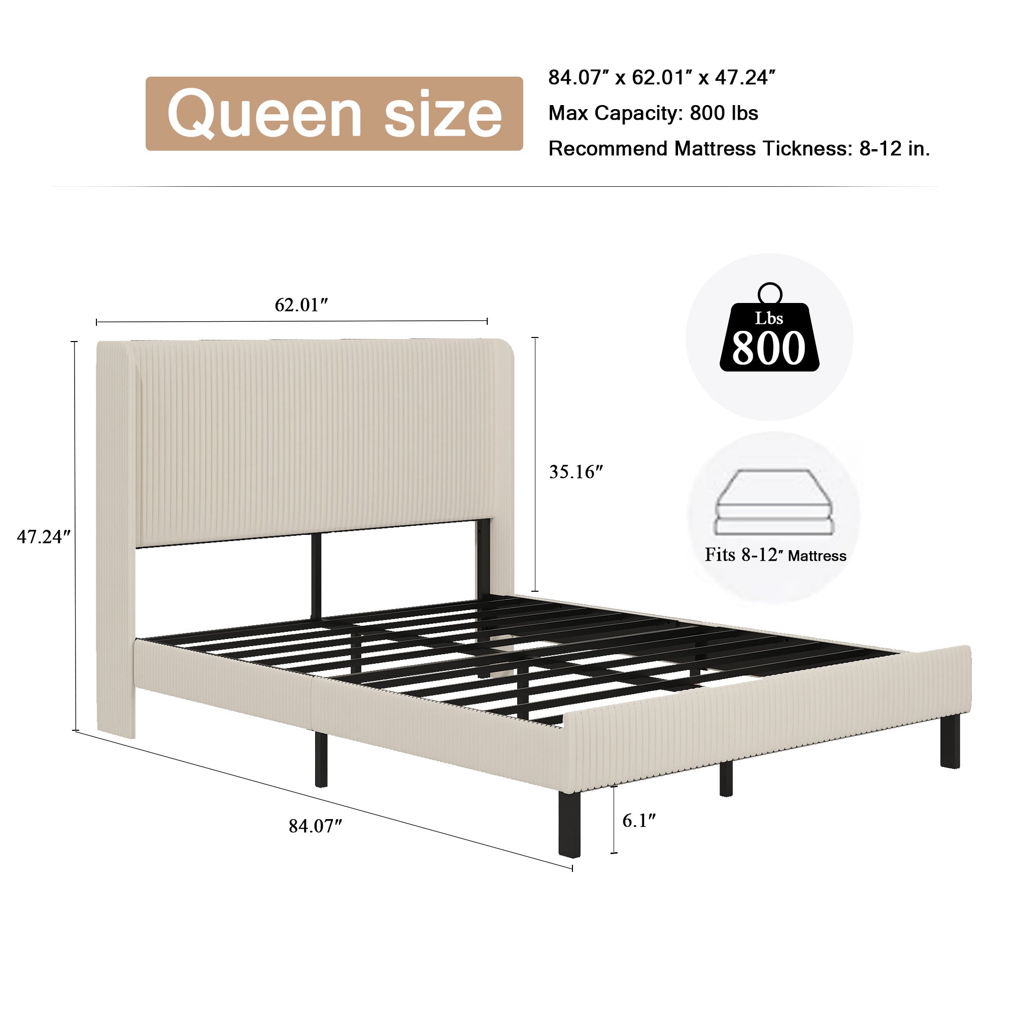 PAPROOS Queen Bed Frame, Queen Bed with Charging Station, LED Light Strip, Upholstered Headboard, Metal Platform Bed with Under Bed Storage, No Box Spring Needed
