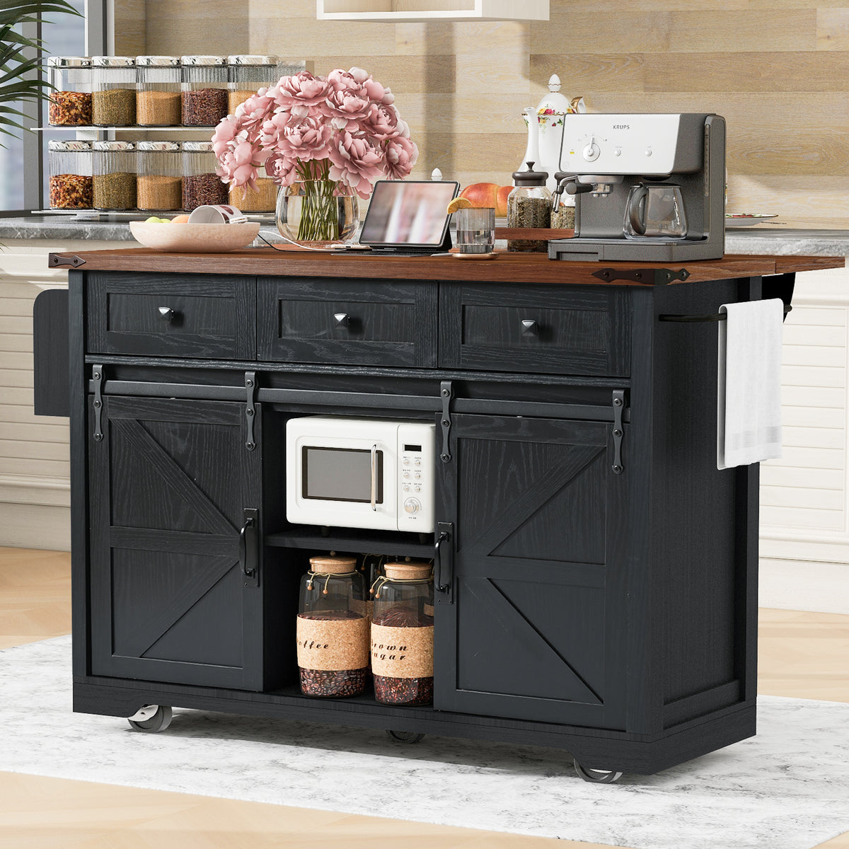 Kitchen Island with Storage, PAPROOS 54" Rolling Kitchen Cart with Drop Leaf, Farmhouse Kitchen Island Cart with Sliding Door, Charging Station, Adjustable Shelf for Kitchen Dining Room